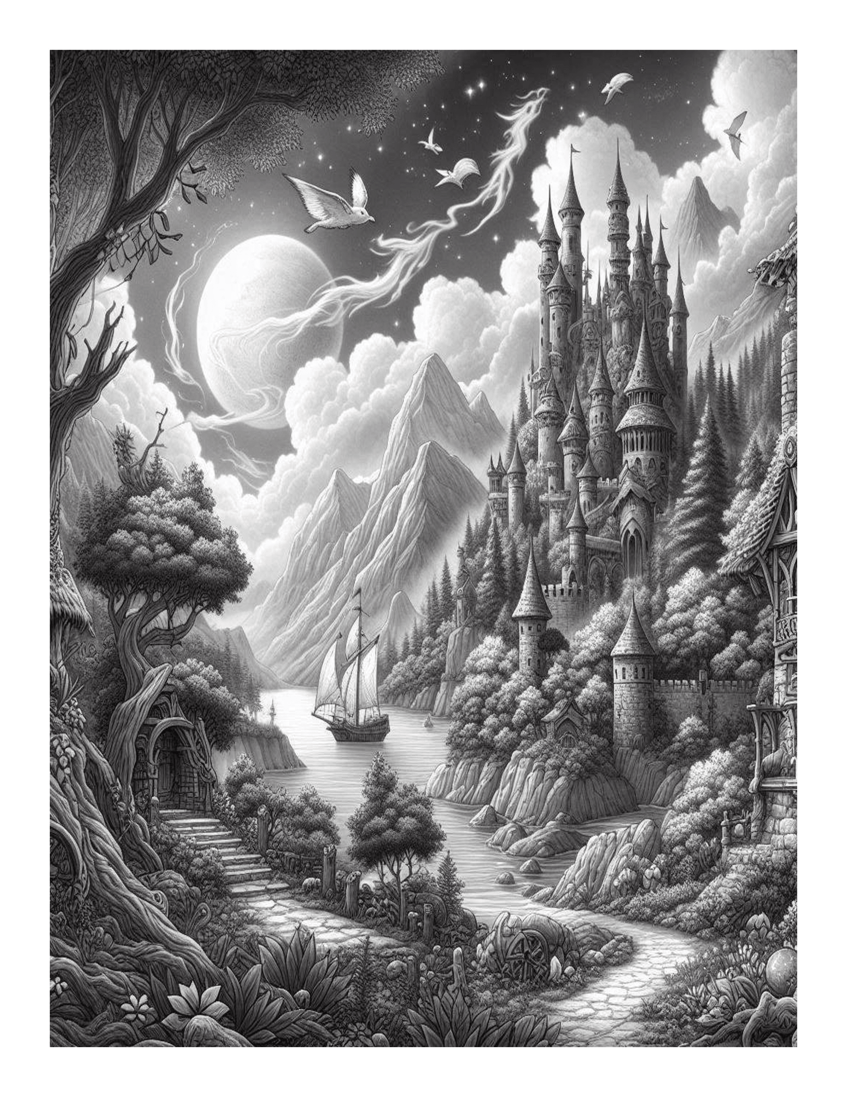 Grayscale Fantasy Landscapes Coloring Pages 