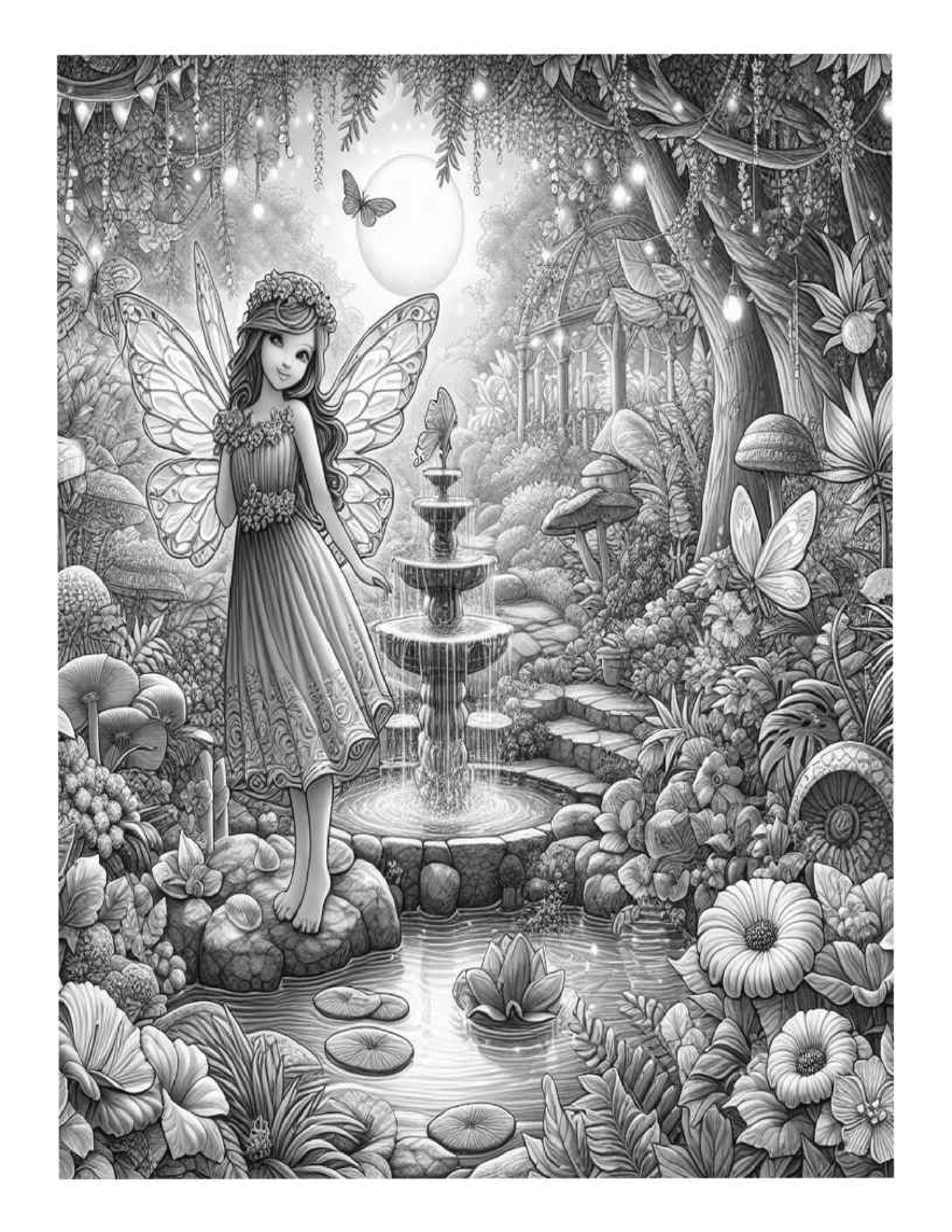 Grayscale Beautiful Fairy Garden Coloring Pages for Adults (Printable PDF)