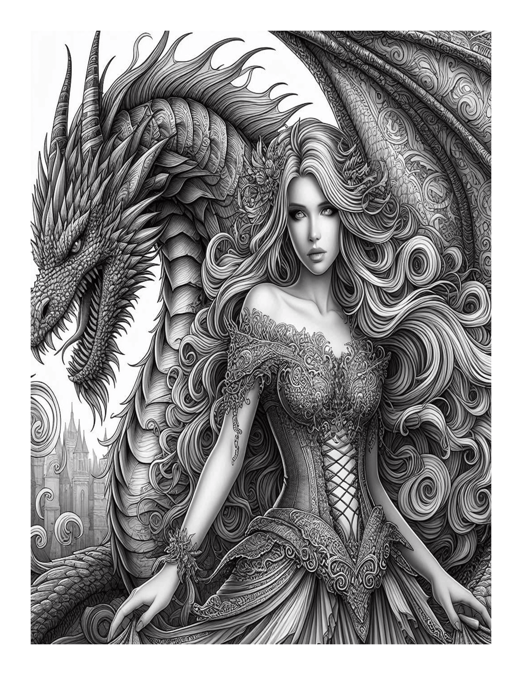 Grayscale The Vampire Lady and the Dragon Features 25 Printable Coloring Pages for Adults 