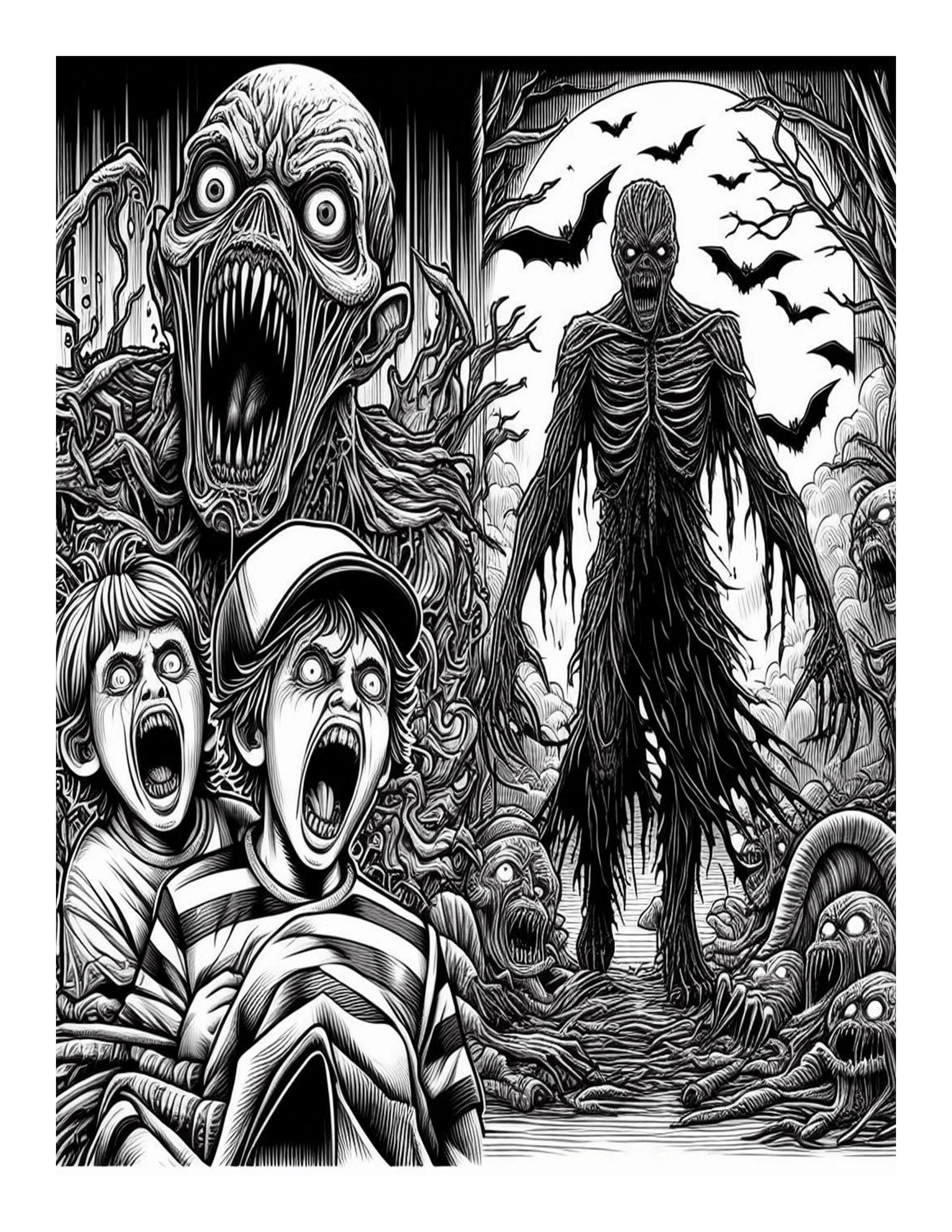 Grayscale Nightmare Horror Halloween Coloring Pages 