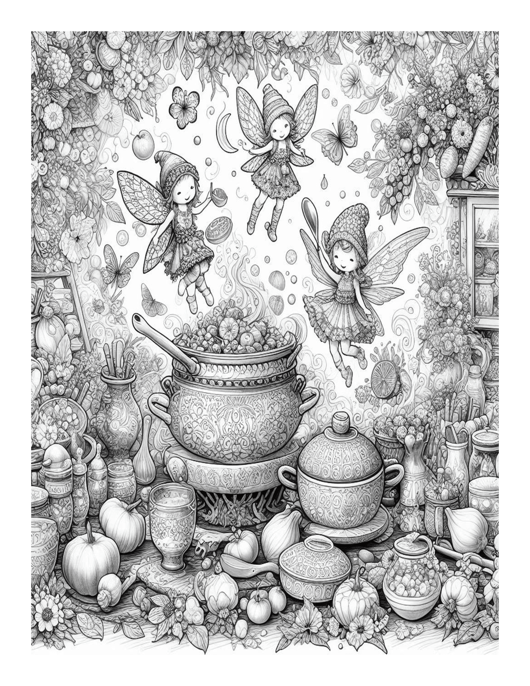 Grayscale Beautiful Fairy Kitchen Coloring Pages