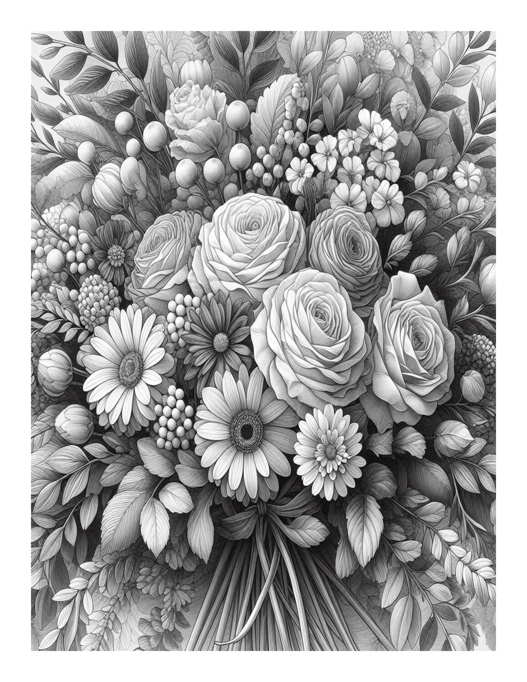Grayscale Bouquet of Flowers Coloring Pages 