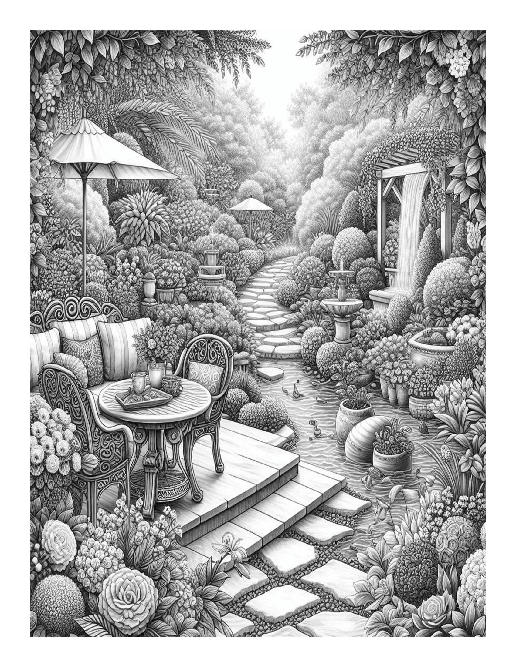 Grayscale Cozy Garden Features 25 Printable Coloring Pages 