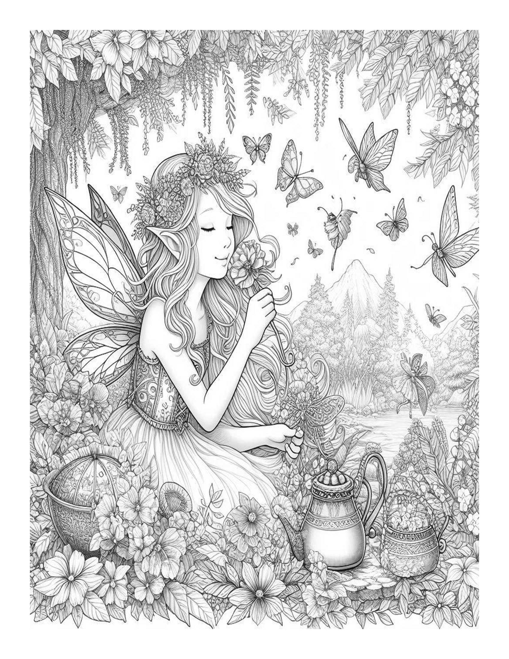 Grayscale Secret Garden Fairies Features 25 Printable Coloring Pages 