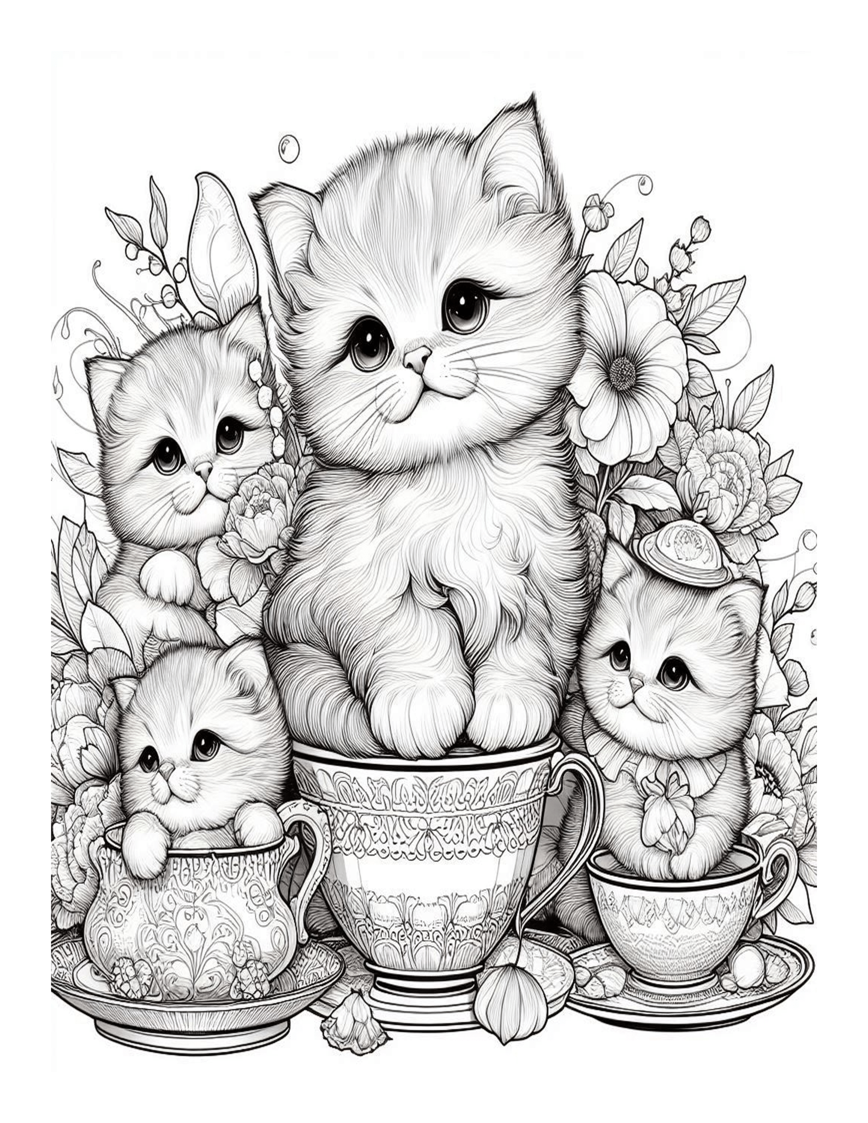 Grayscale Teacup Kittens Coloring Pages