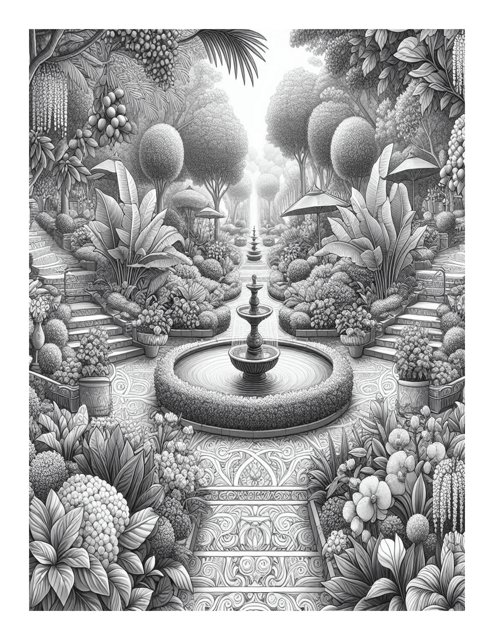 Grayscale Beautiful Relaxing Gardens Coloring Pages 