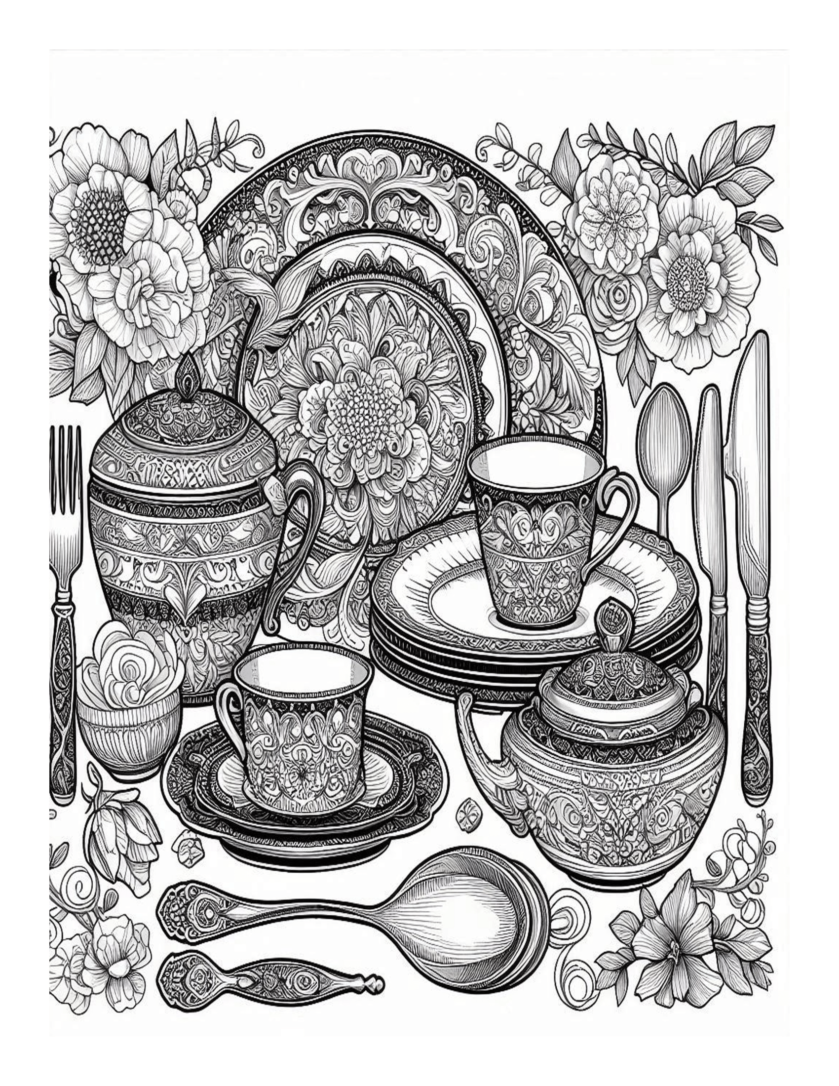 Grayscale Fancy Dishware Set Coloring Pages 