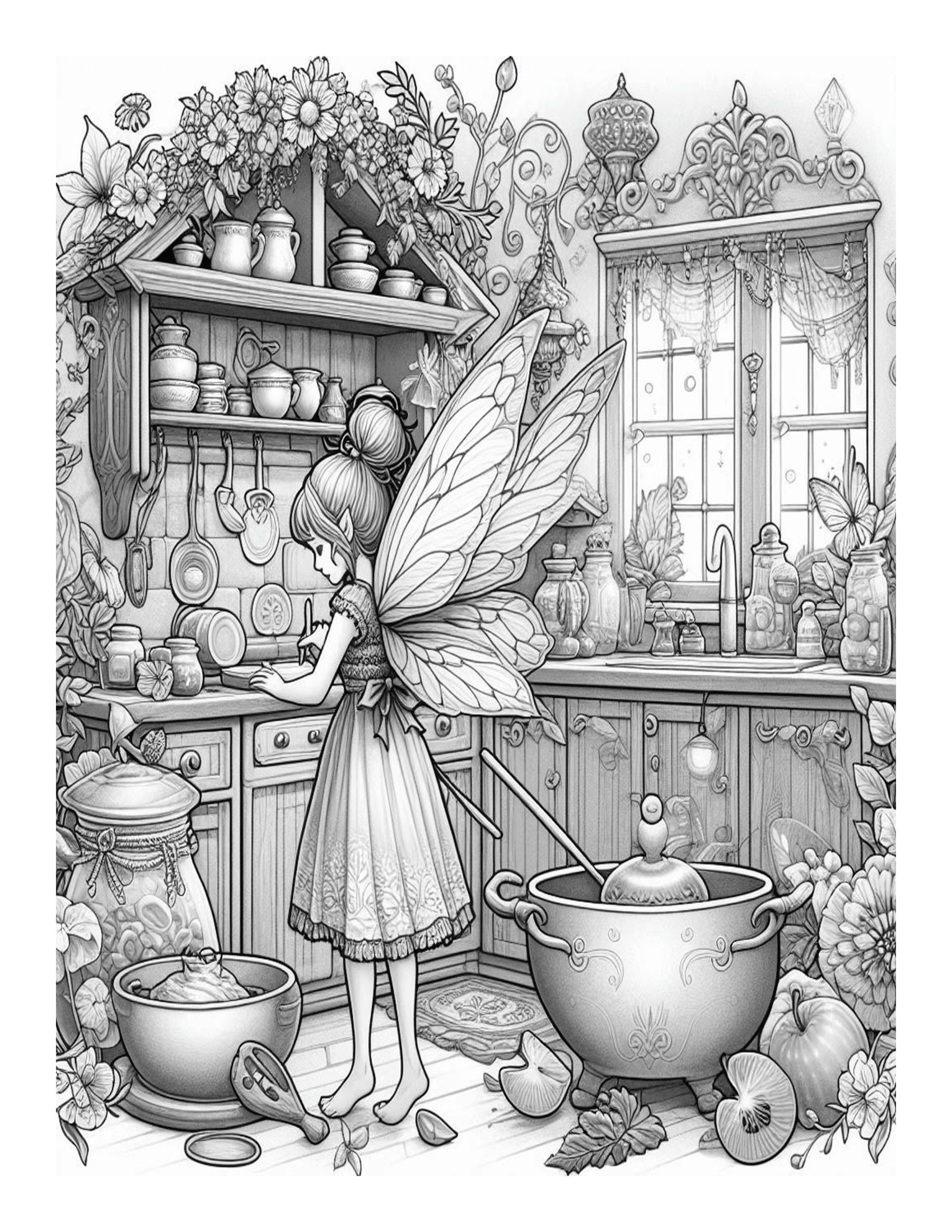 Grayscale Fairy Kitchen Coloring Pages 