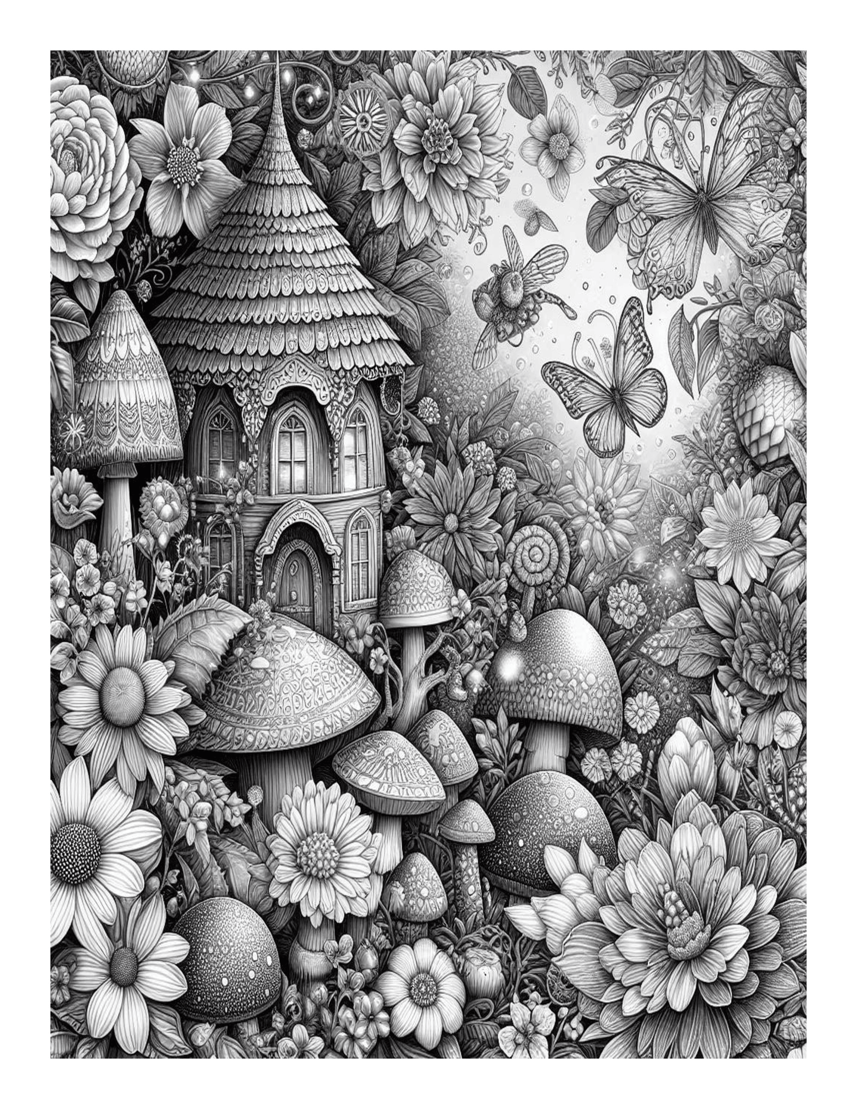 Grayscale Beautiful Fairy Garden Features 25 Printable Coloring Pages 