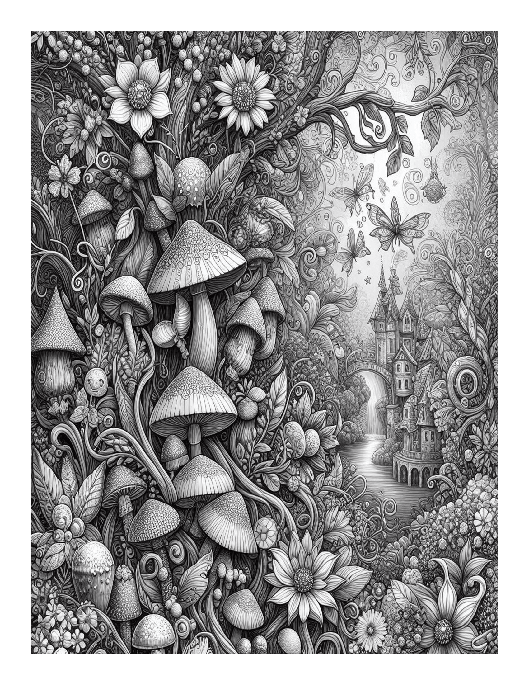Grayscale Beautiful Fairy Garden Features 25 Printable Coloring Pages 