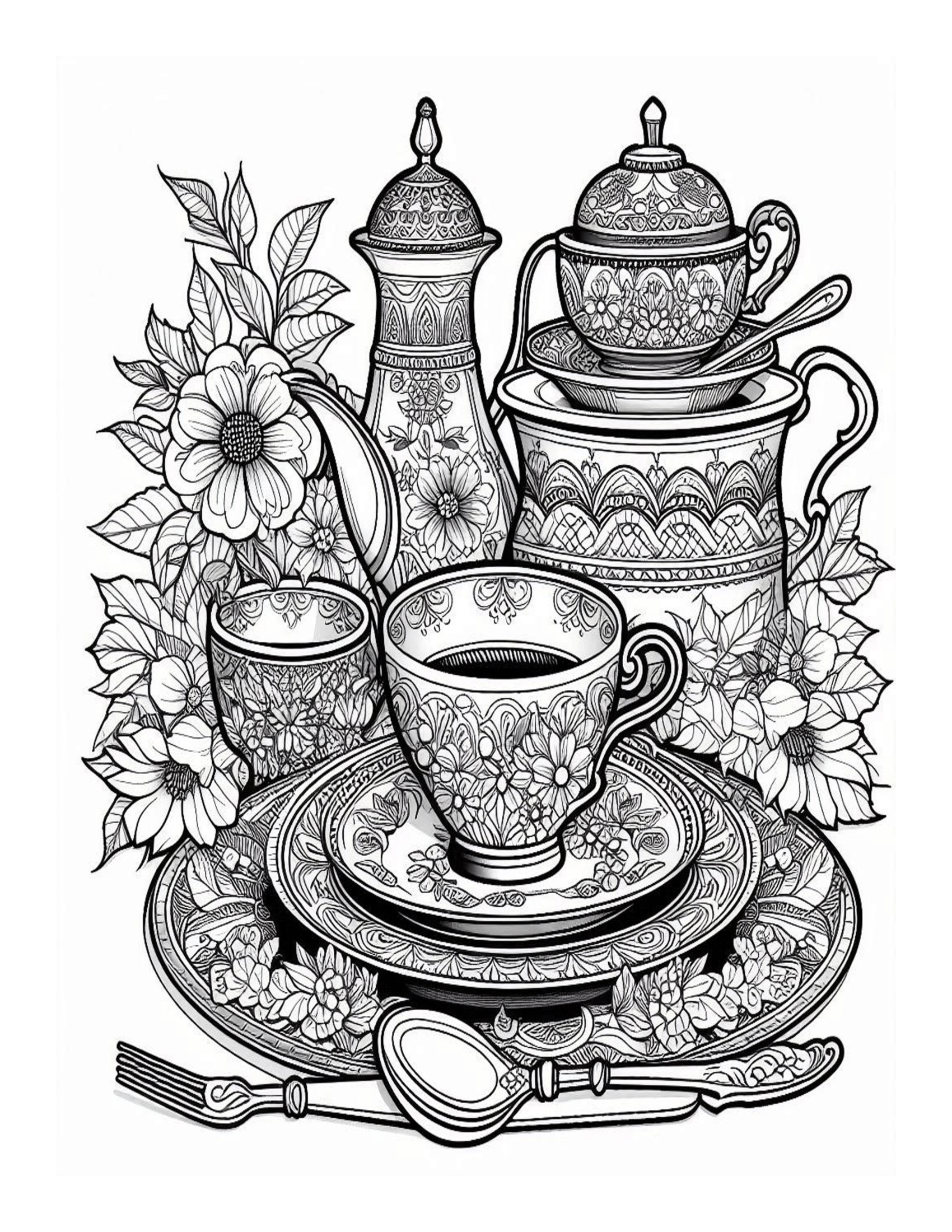 Grayscale Fancy Dishware Set Coloring Pages 