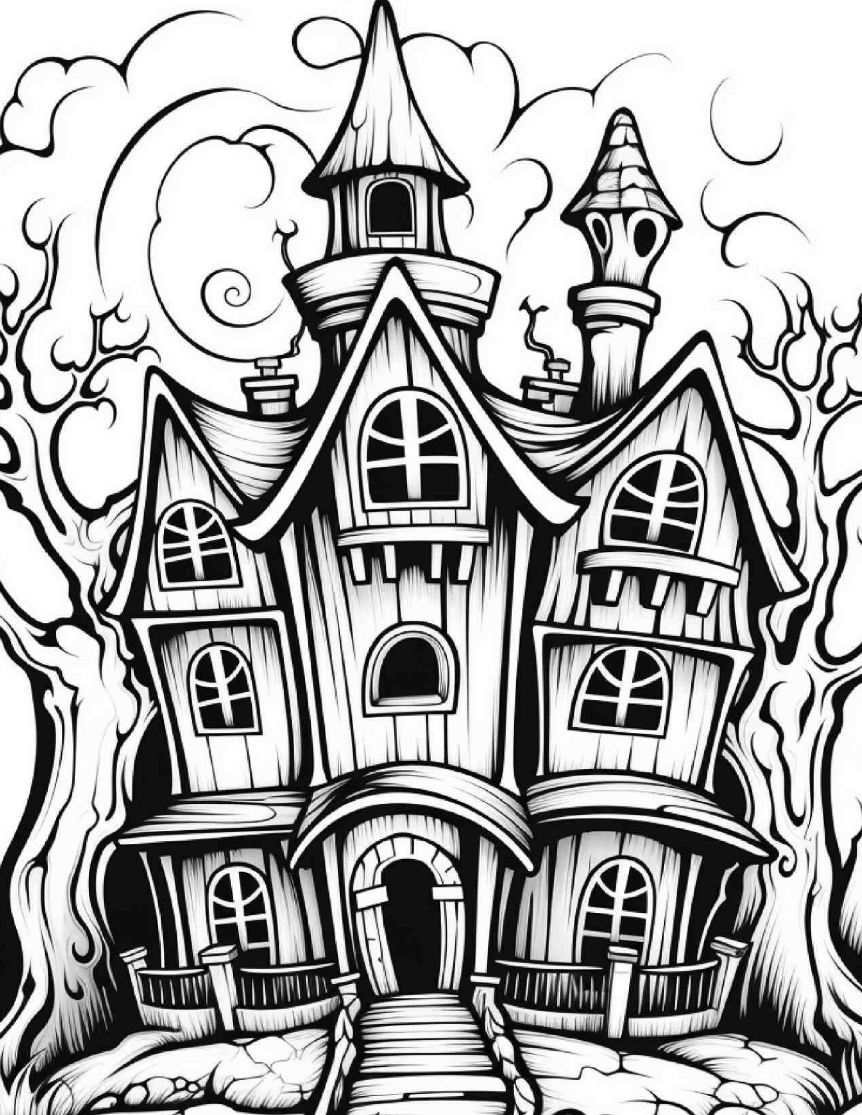 Grayscale Haunted Houses Features 25 Printable Coloring Pages for Adults 