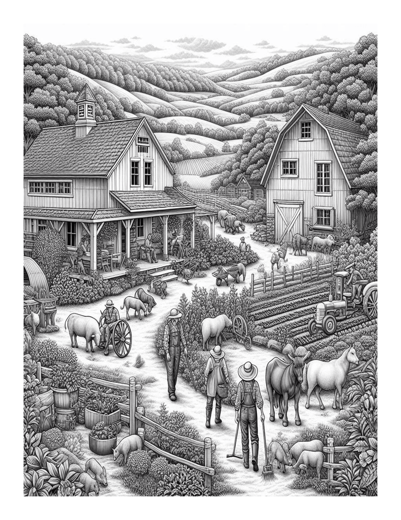 Grayscale Country Life Features 25 Printable Coloring Pages 