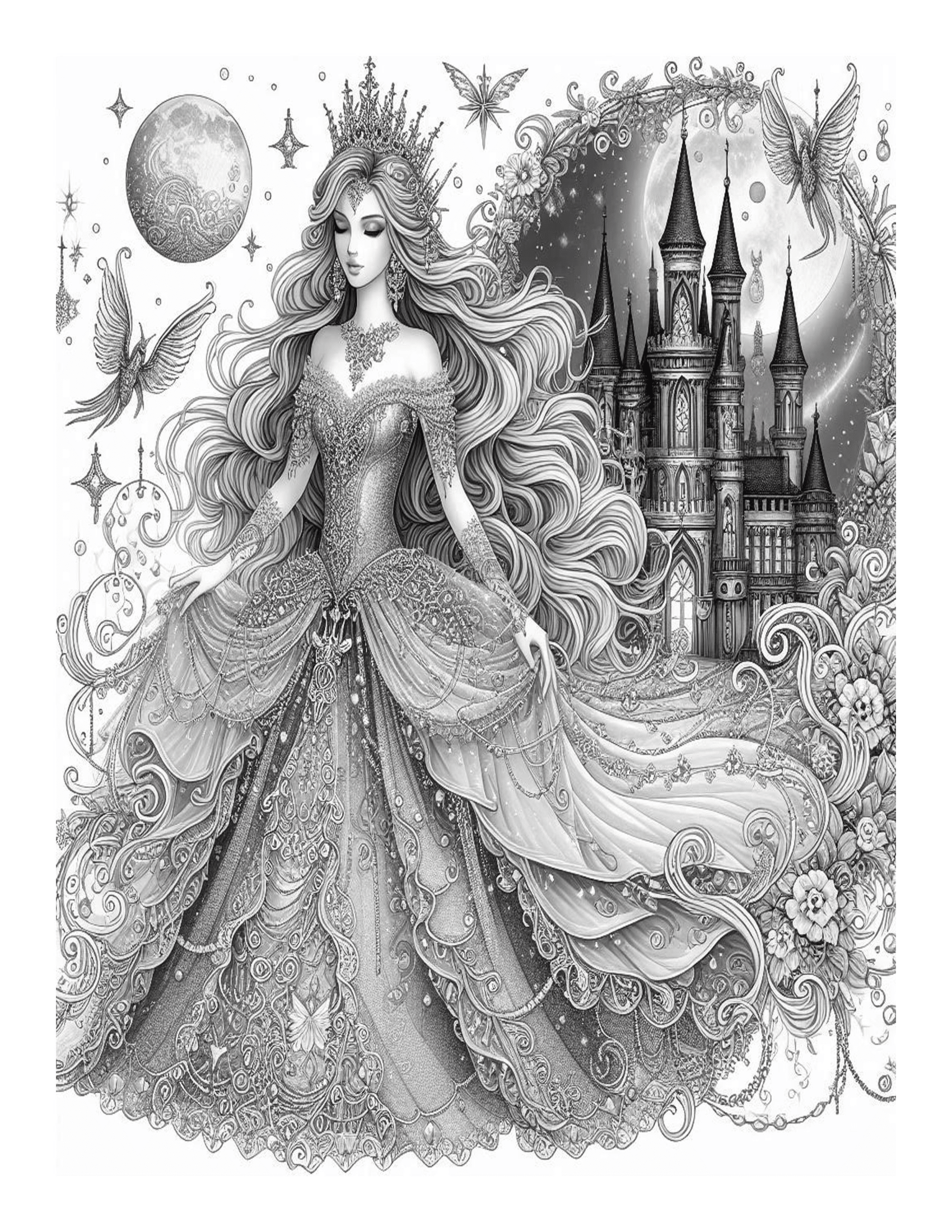 Grayscale Magical Princess Coloring Pages 
