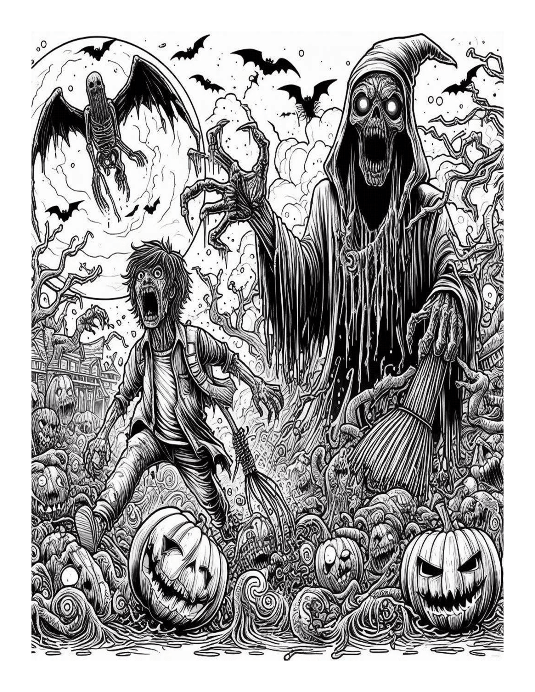 Grayscale Horror Nightmare Halloween Coloring Pages 