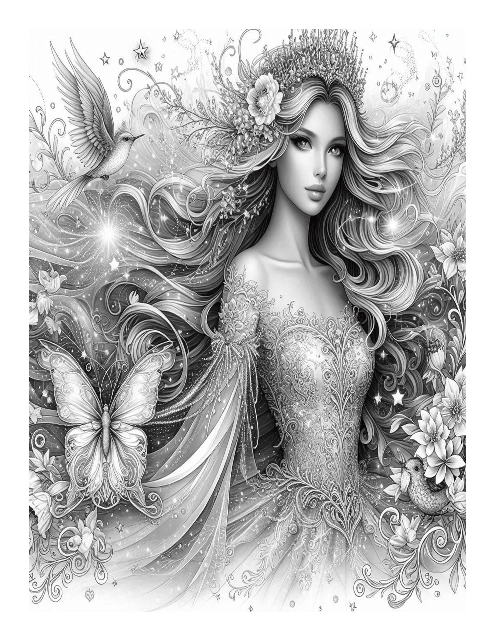 Grayscale Magical Princess Coloring Pages 