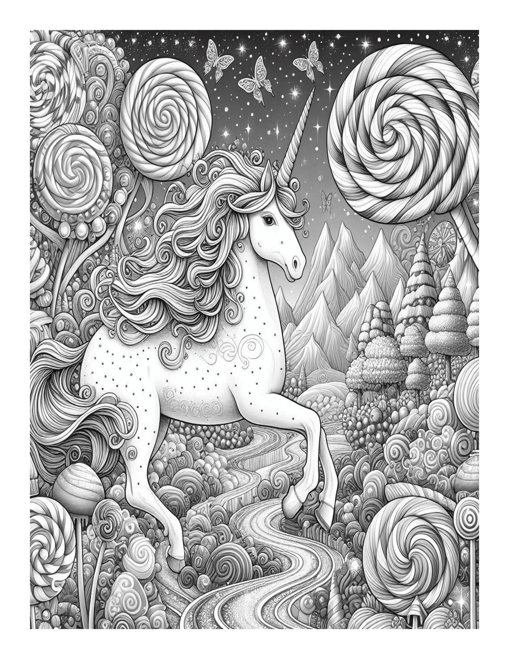 Grayscale Unicorn Candy Land Features 25 Printable Coloring Pages 