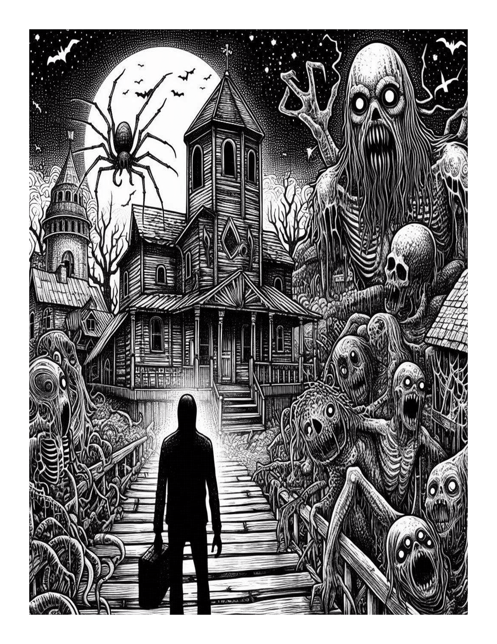 Grayscale Chilling Horror Coloring Pages