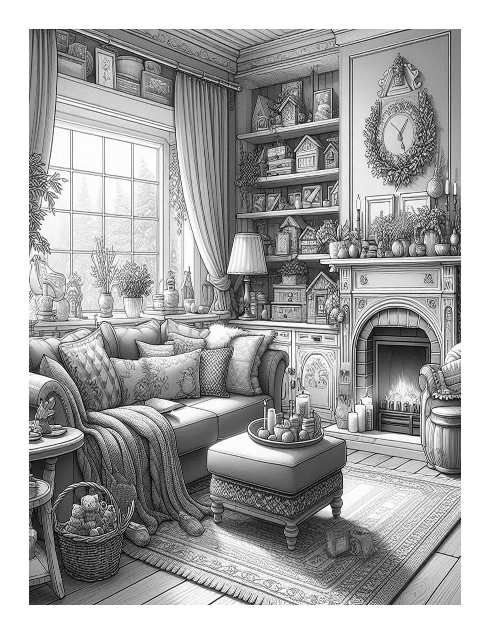 Grayscale Cozy Living Room Designs Coloring Pages