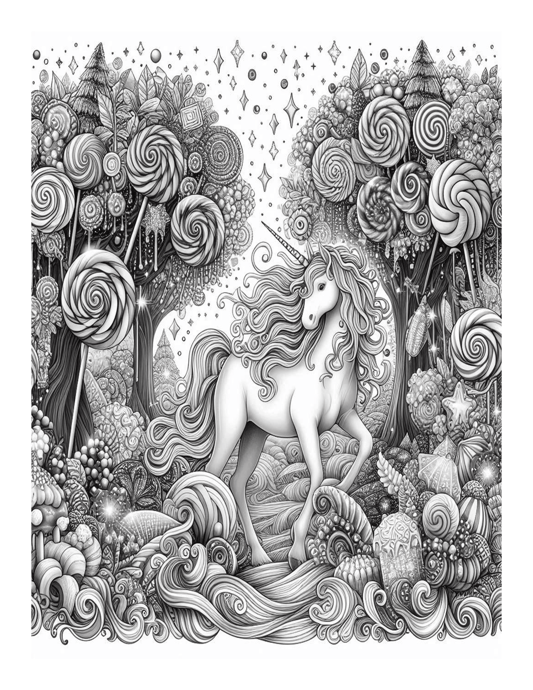 Grayscale Unicorn Candy Land Features 25 Printable Coloring Pages 