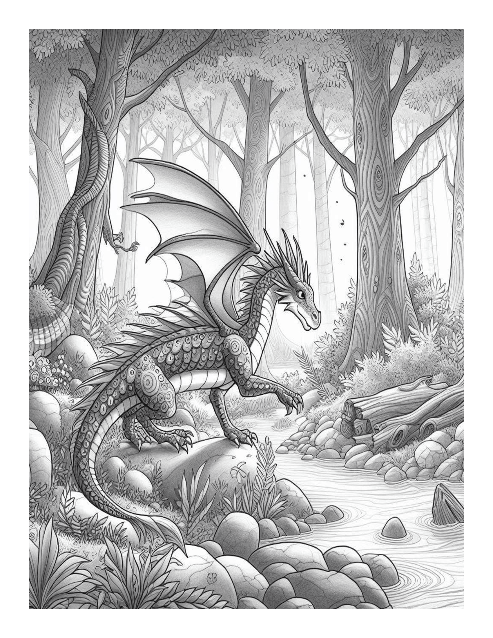 Grayscale Forest Dragon Adventures Coloring Pages 