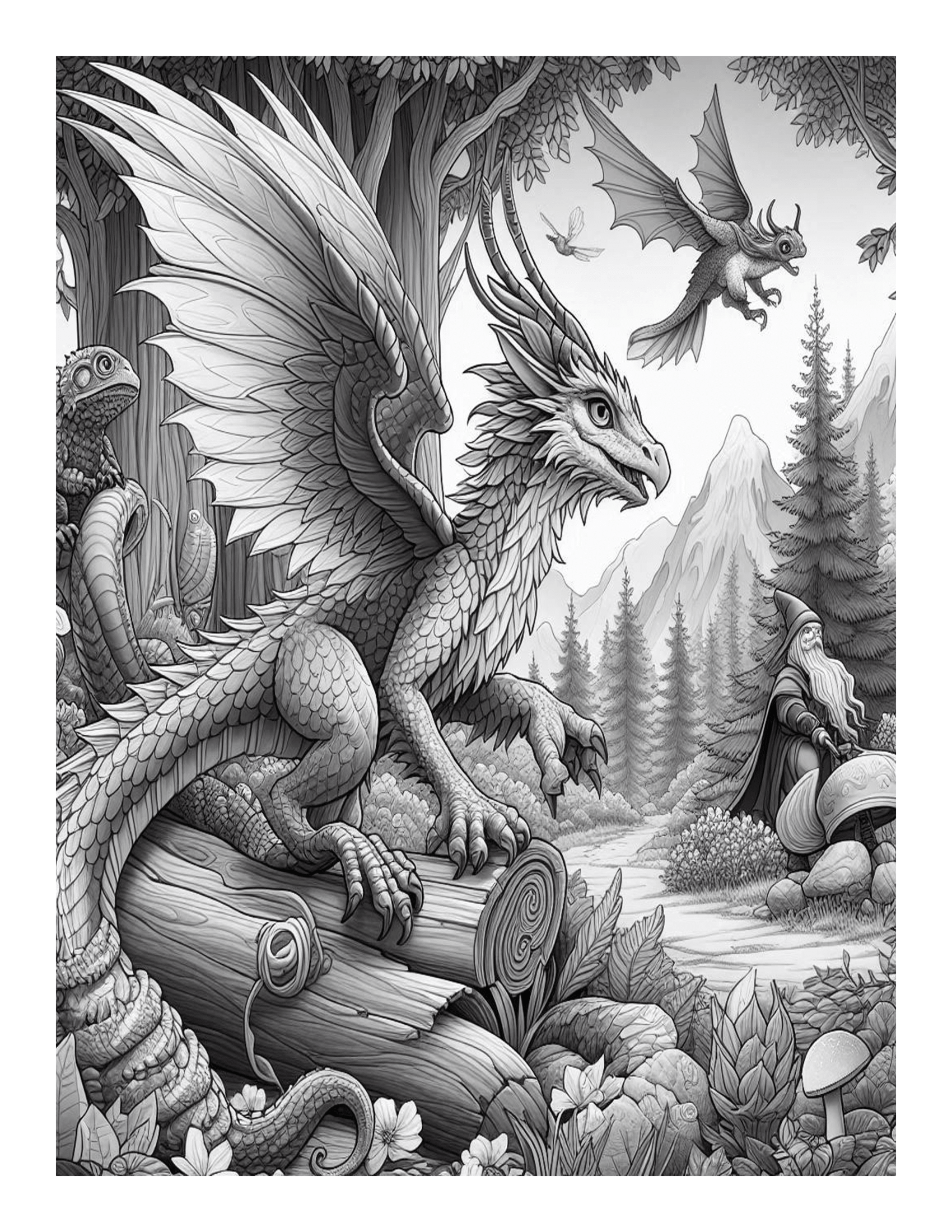 Grayscale Forest Dragon Adventures Coloring Pages 