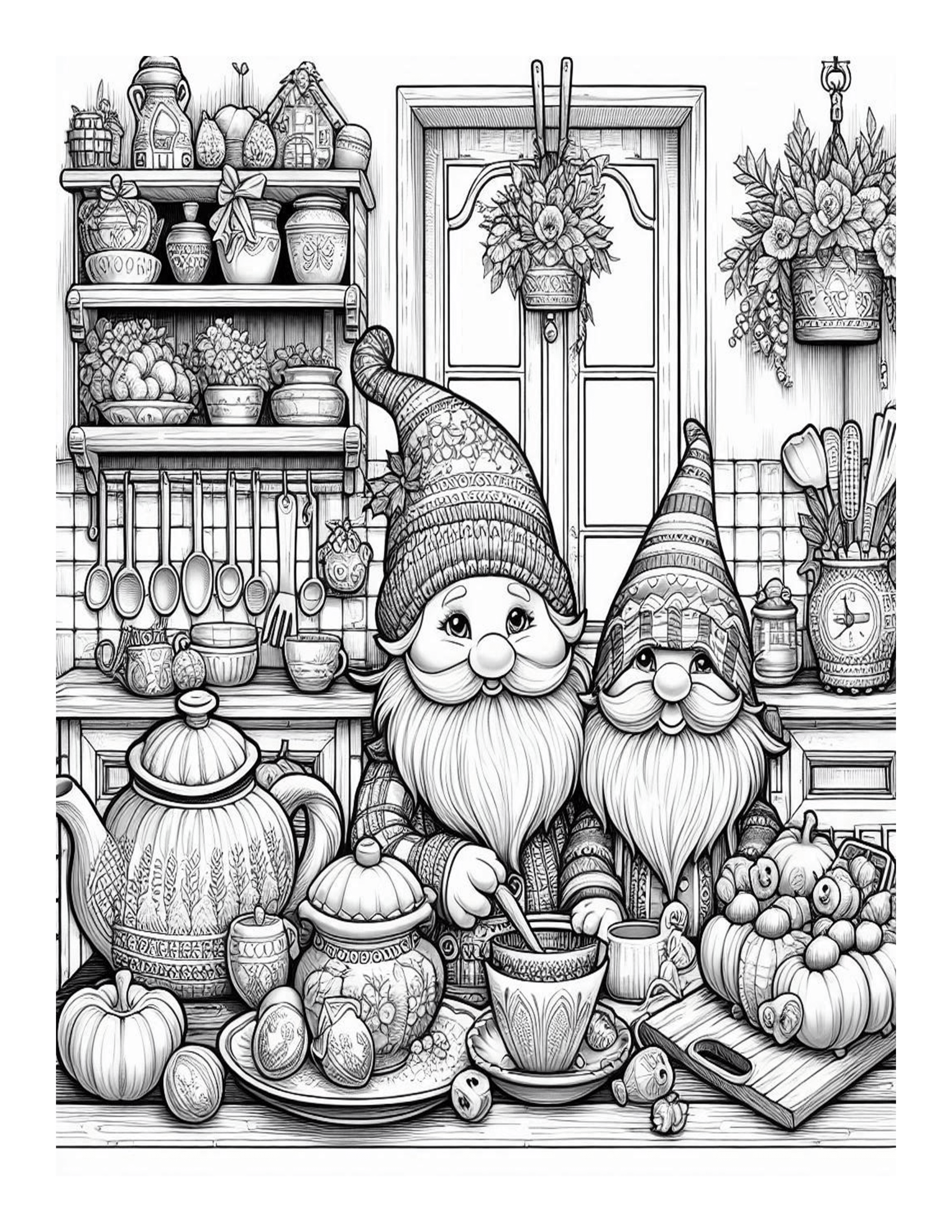 Grayscale Gnomes Country Kitchen Coloring Pages 