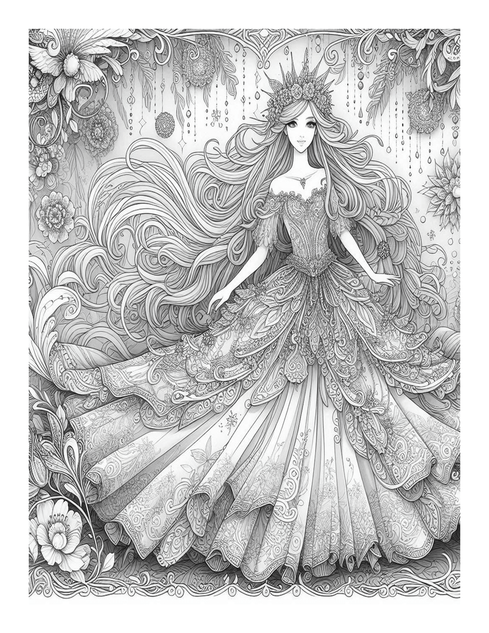 Grayscale Whimsical Princess Coloring Pages 