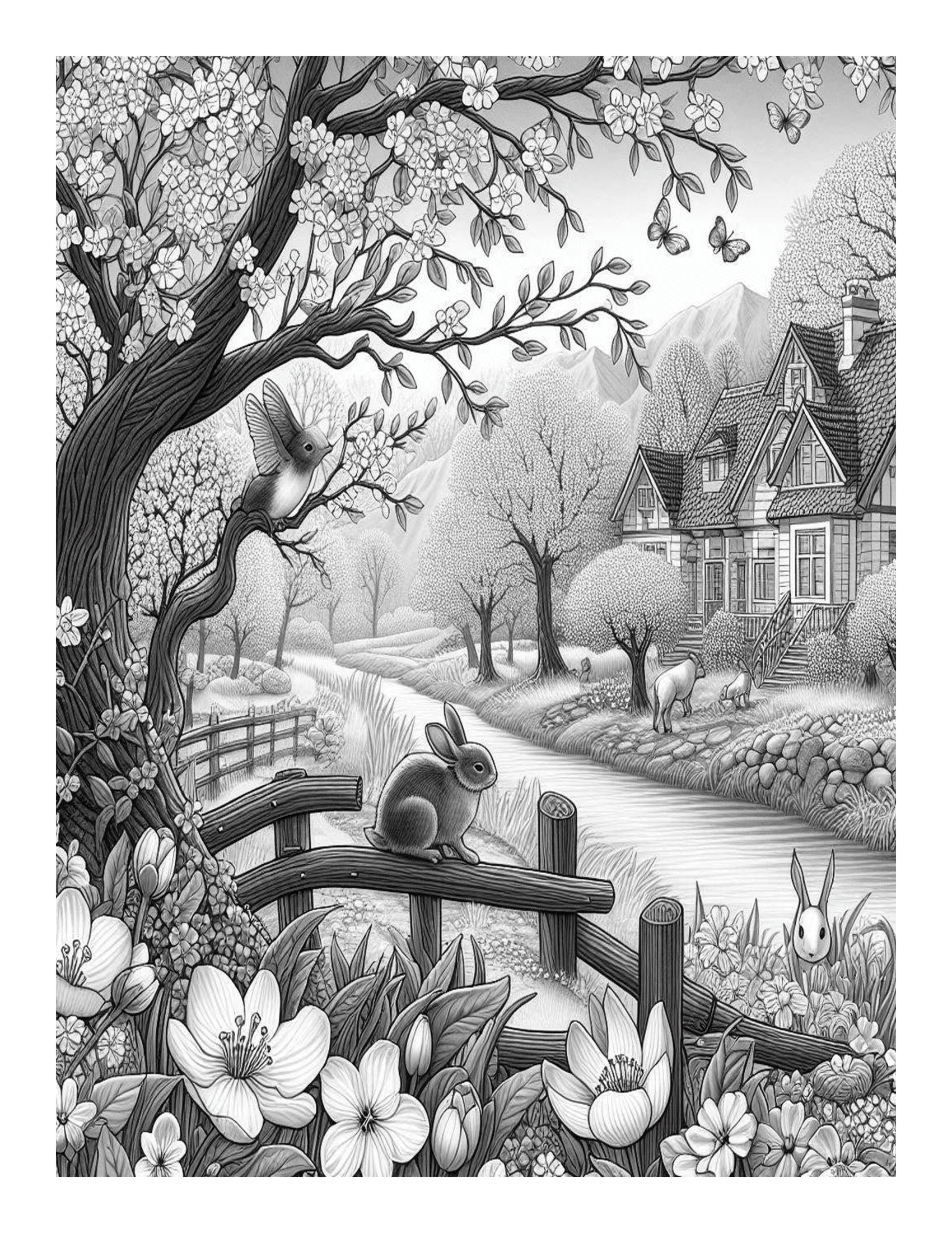 Grayscale Springtime Coloring Pages 