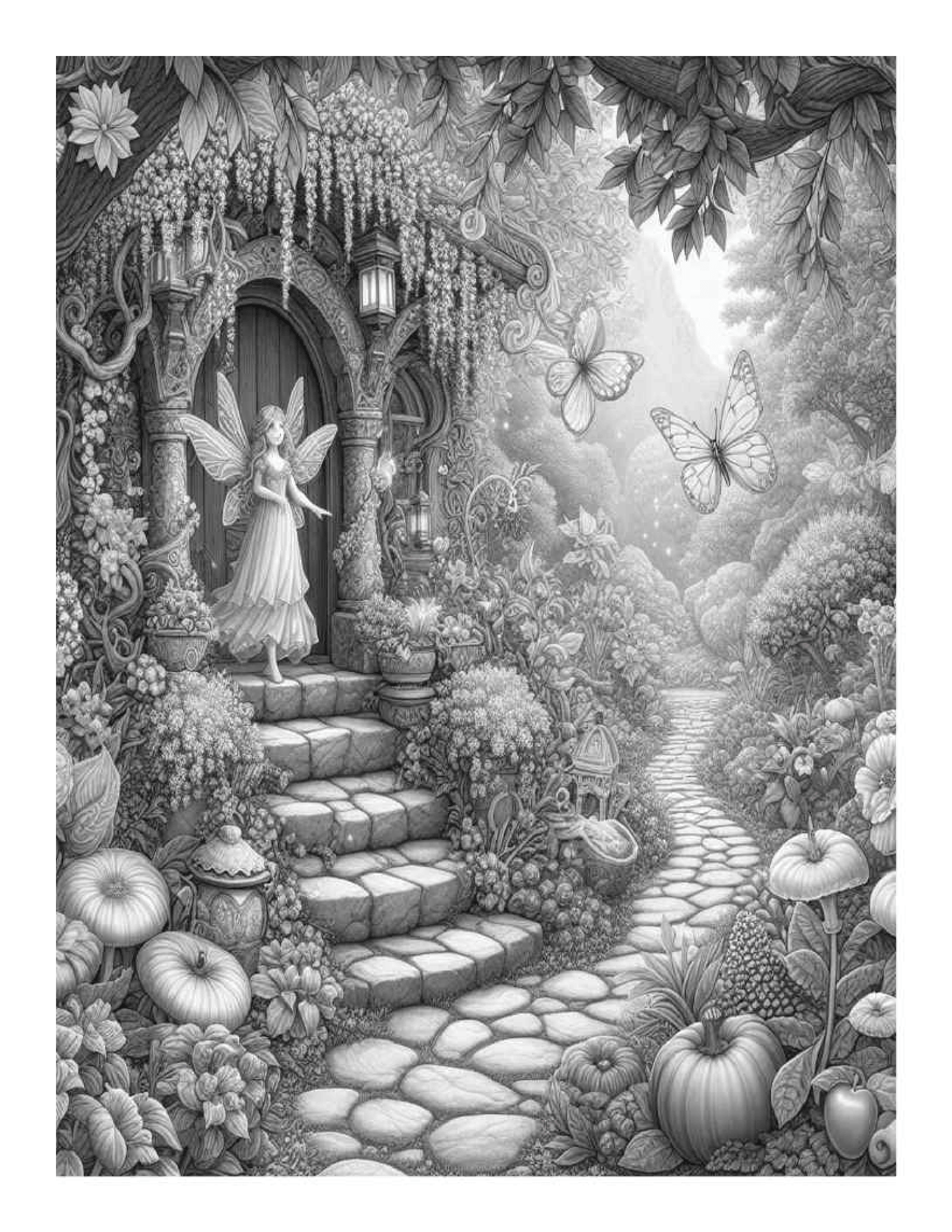Grayscale Enchanting Fairy Garden Features 25 Printable Coloring Pages for Adults  
