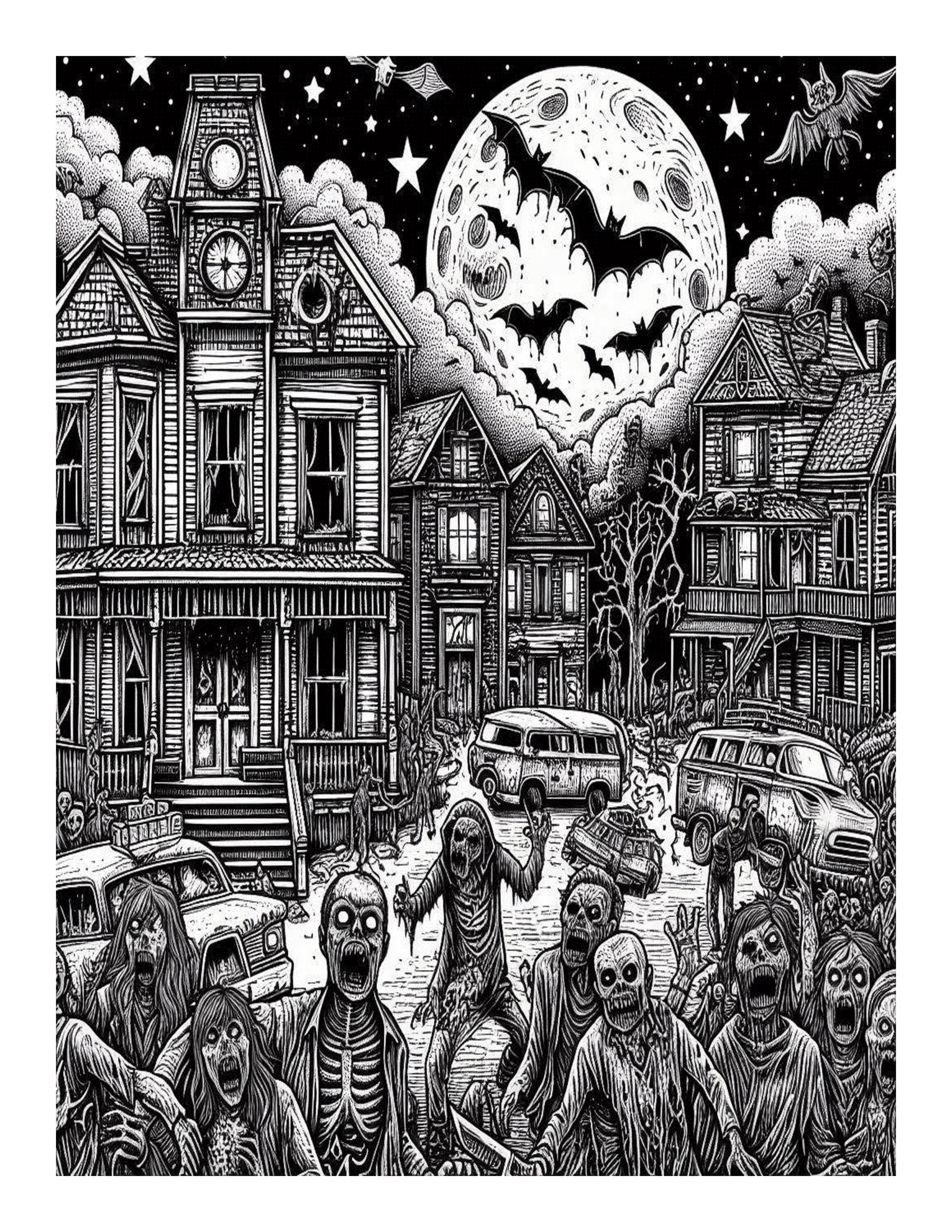Grayscale Horror Night Halloween Coloring Pages