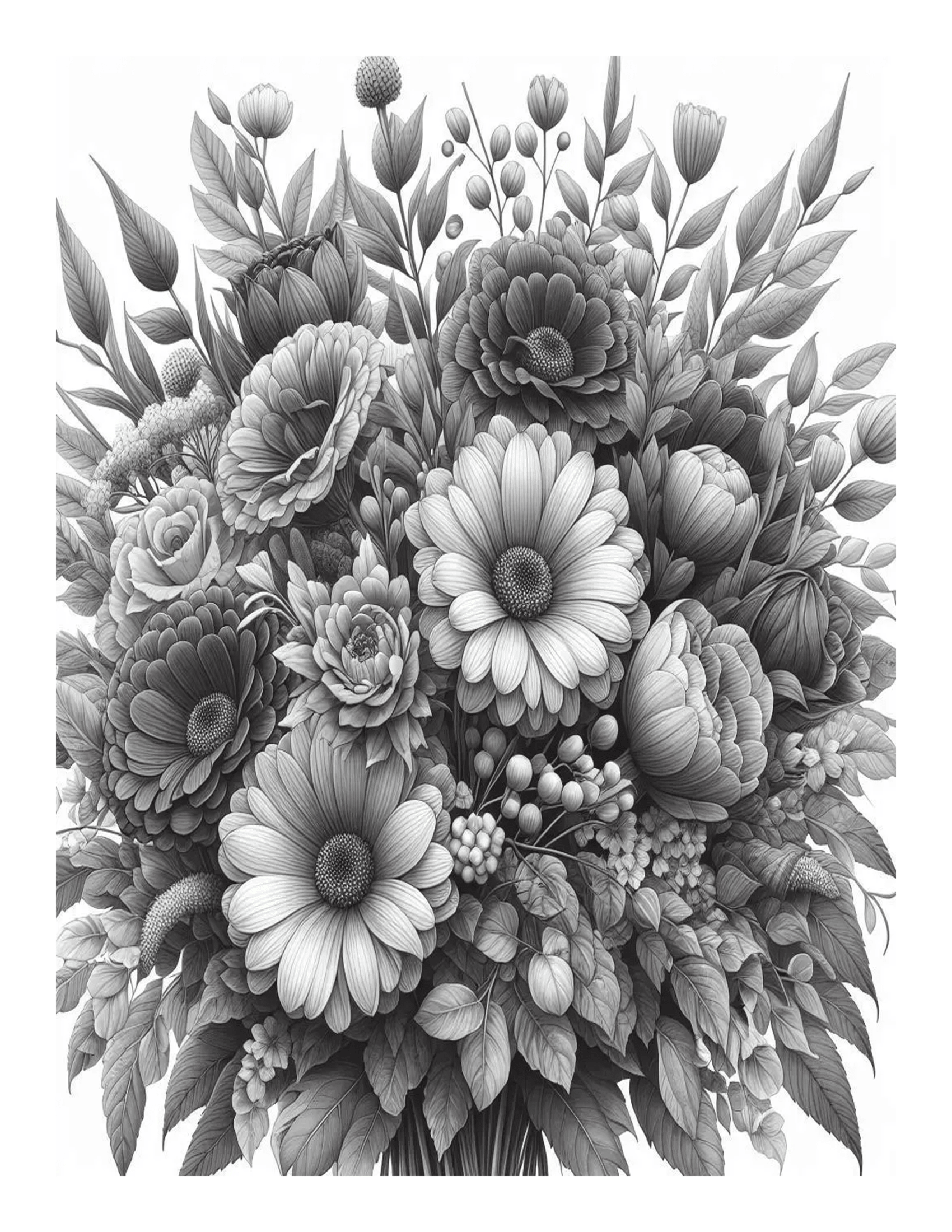 Grayscale Bouquet of Flowers Coloring Pages 