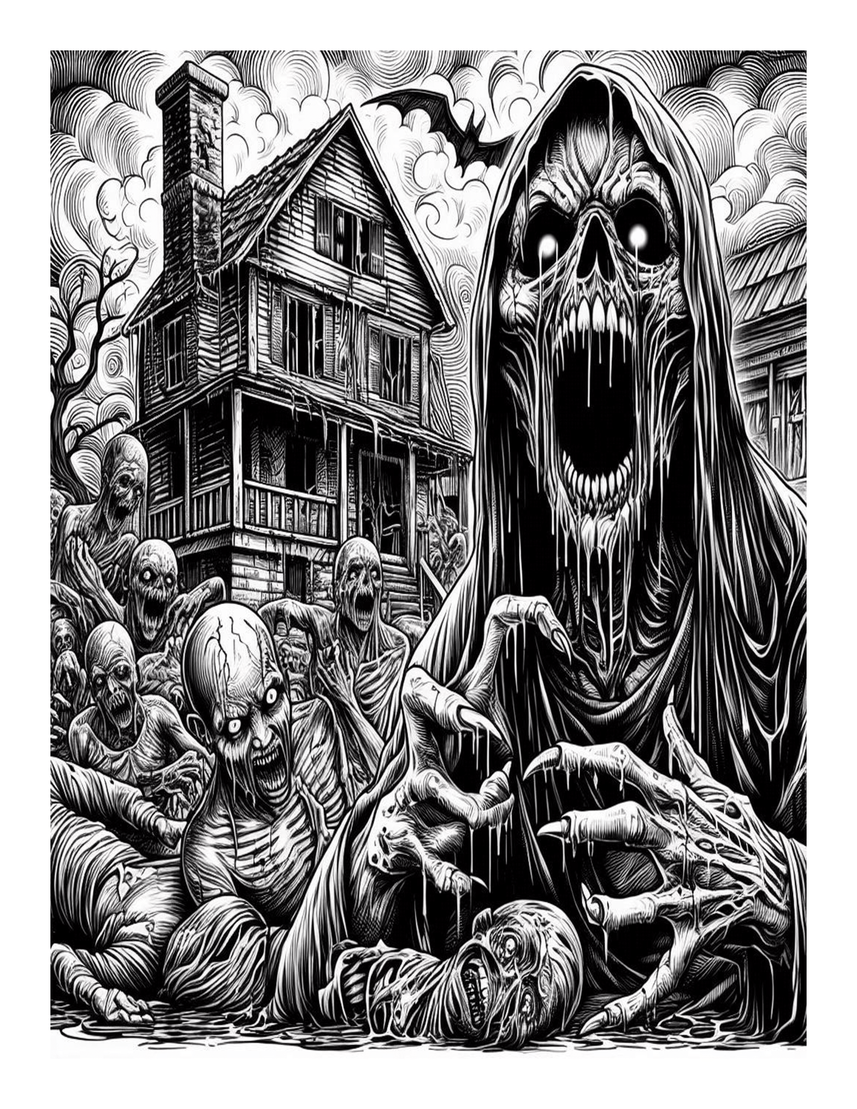 Grayscale Terrifying Horror Coloring Pages 