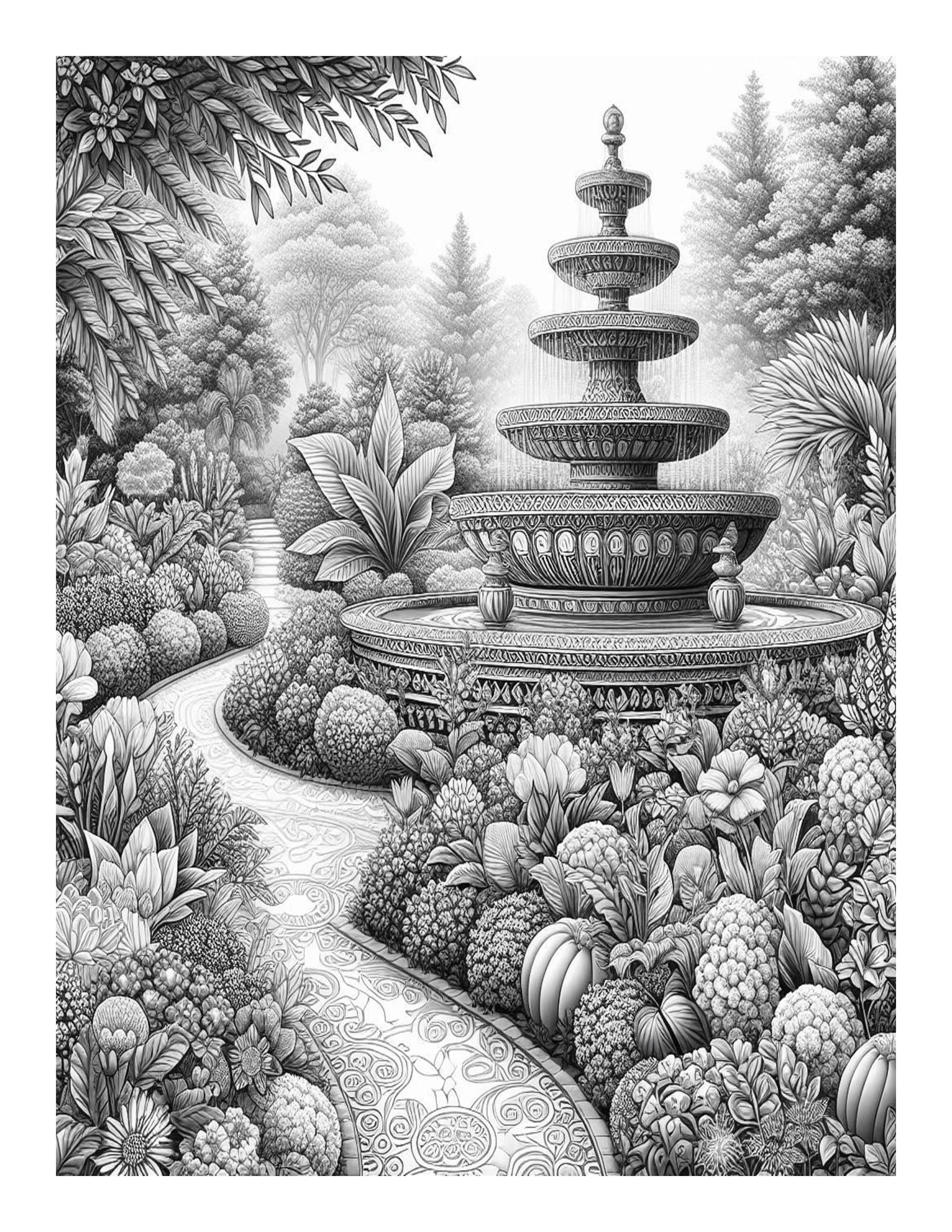Grayscale Beautiful Relaxing Gardens Coloring Pages 