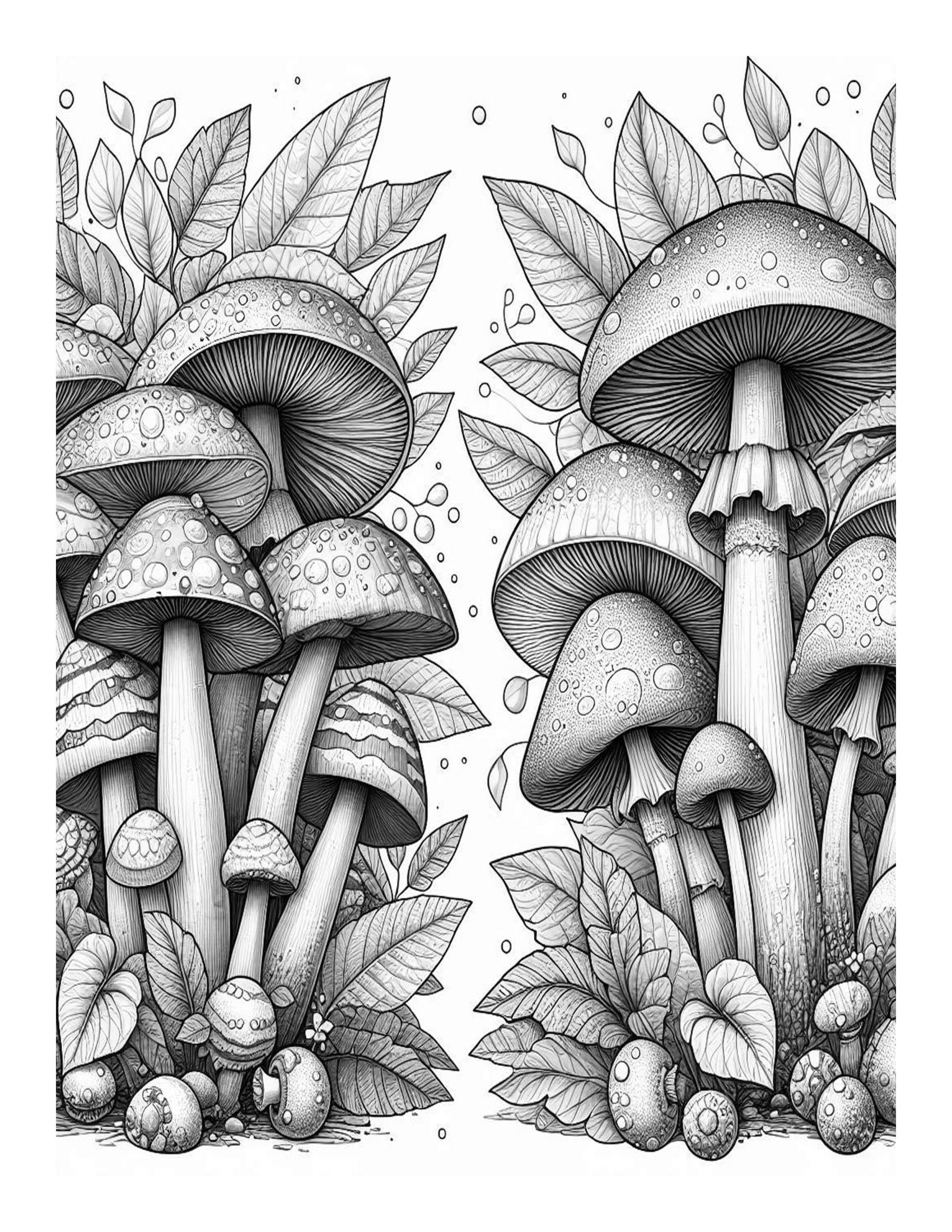 Grayscale Mushroom Designs Coloring Pages 
