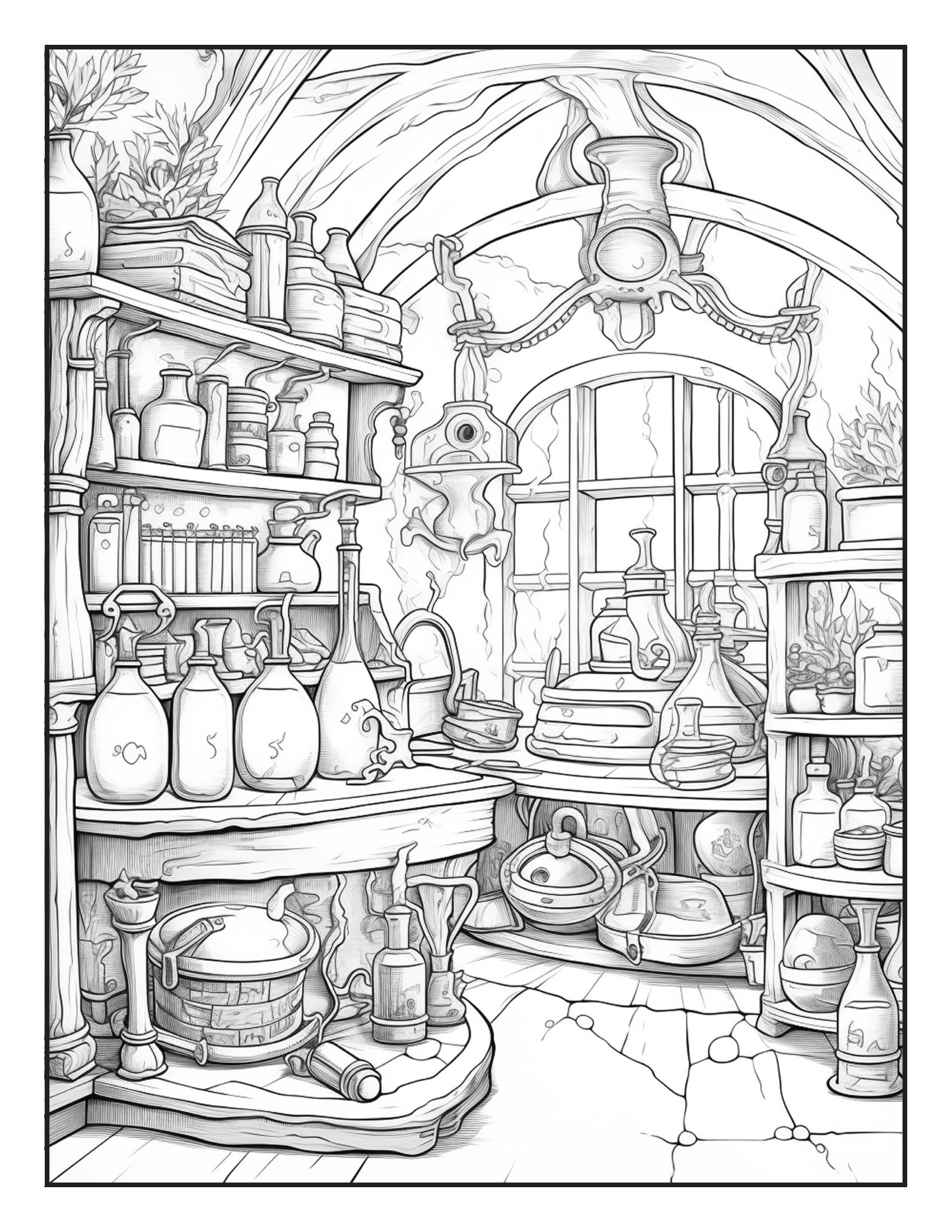 Grayscale Fantasy Country Kitchen Features 25 Printable Coloring Pages for Adults   