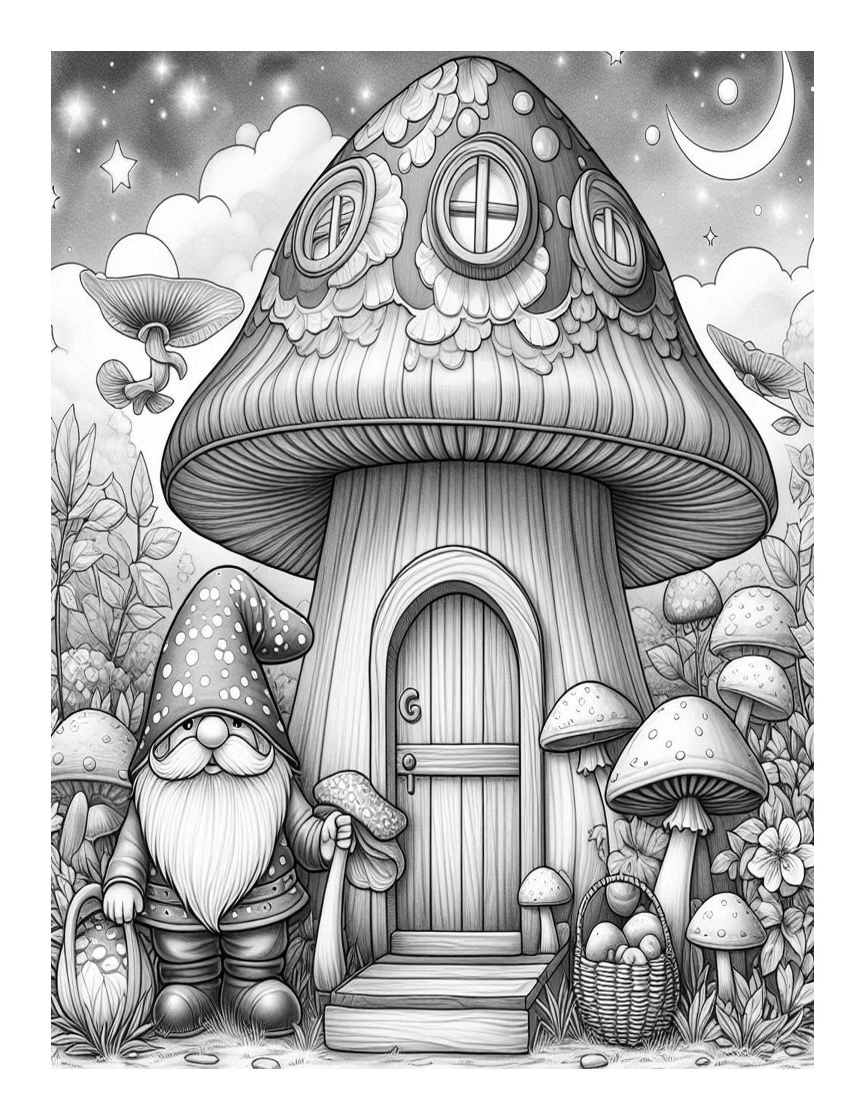 Grayscale Gnomes Mushroom Houses Coloring Pages 