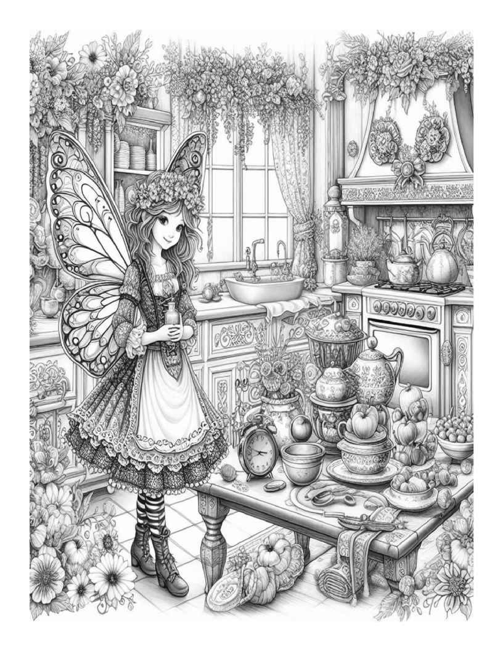 Grayscale Beautiful Fairy Country Kitchen Coloring Pages (Printable PDF)