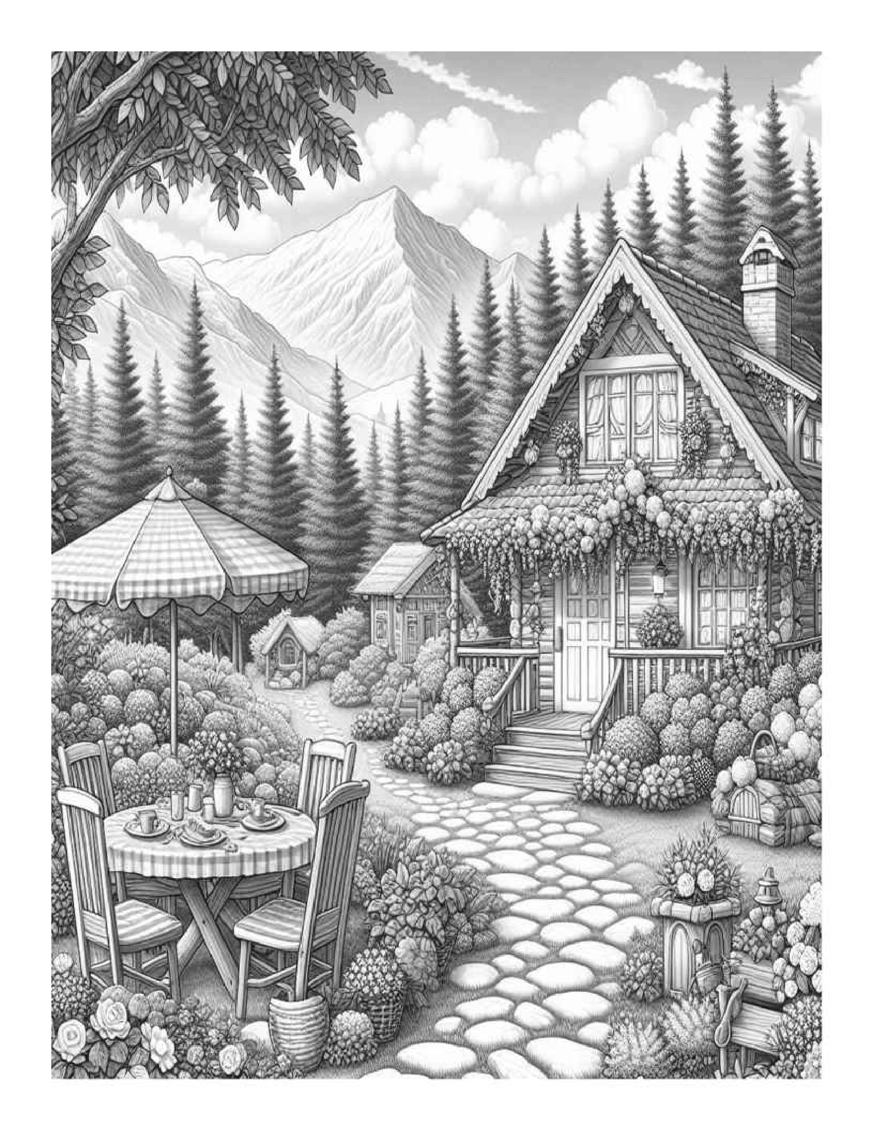 Grayscale Beautiful Cozy Garden Coloring Pages for Adults (Printable PDF)