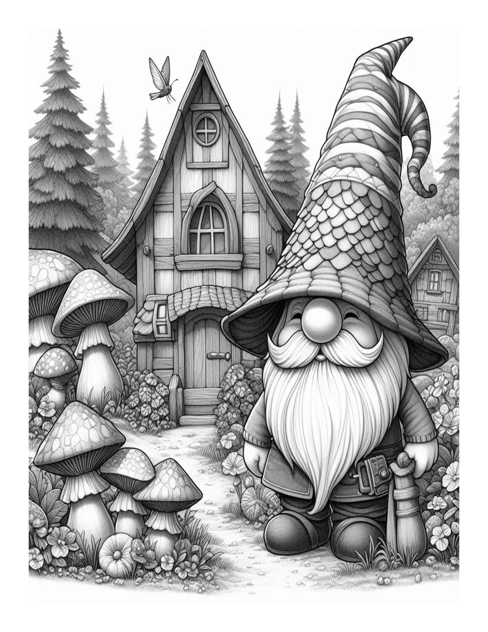 Grayscale Gnomes Mushroom Houses Coloring Pages 