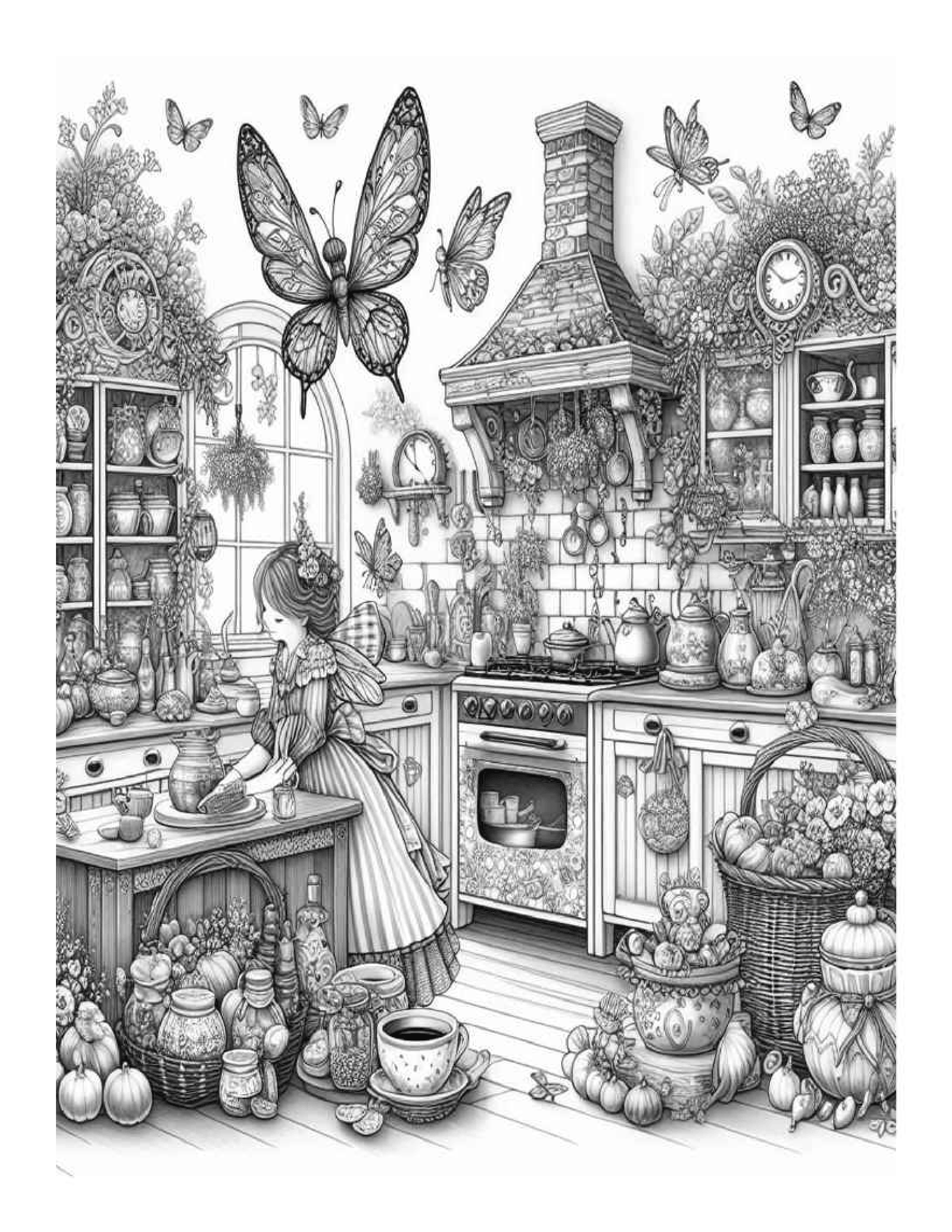 Grayscale Fairy Country Kitchen Coloring Pages for Adults (Printable PDF)
