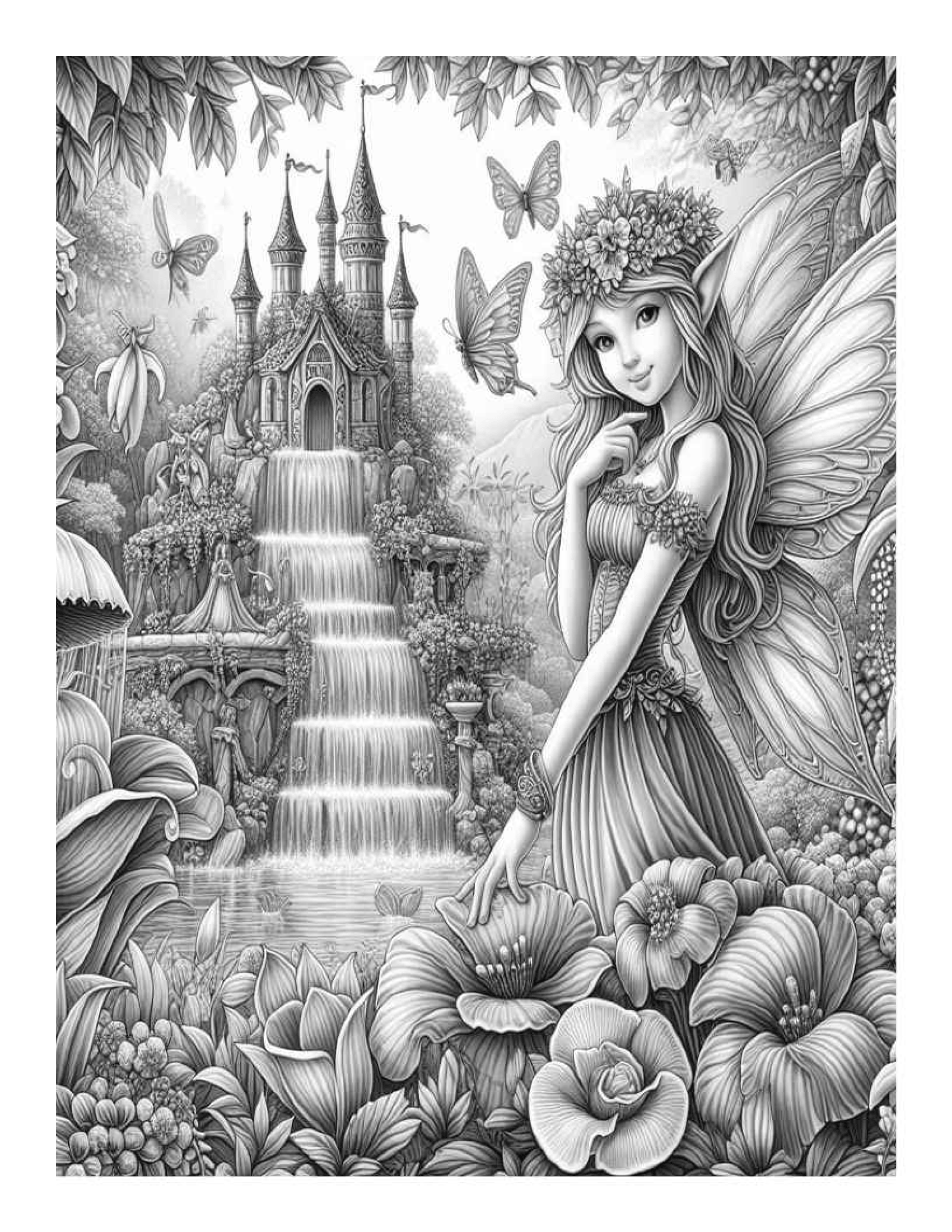 Grayscale Beautiful Fairy Garden Coloring Pages for Adults (Printable PDF)
