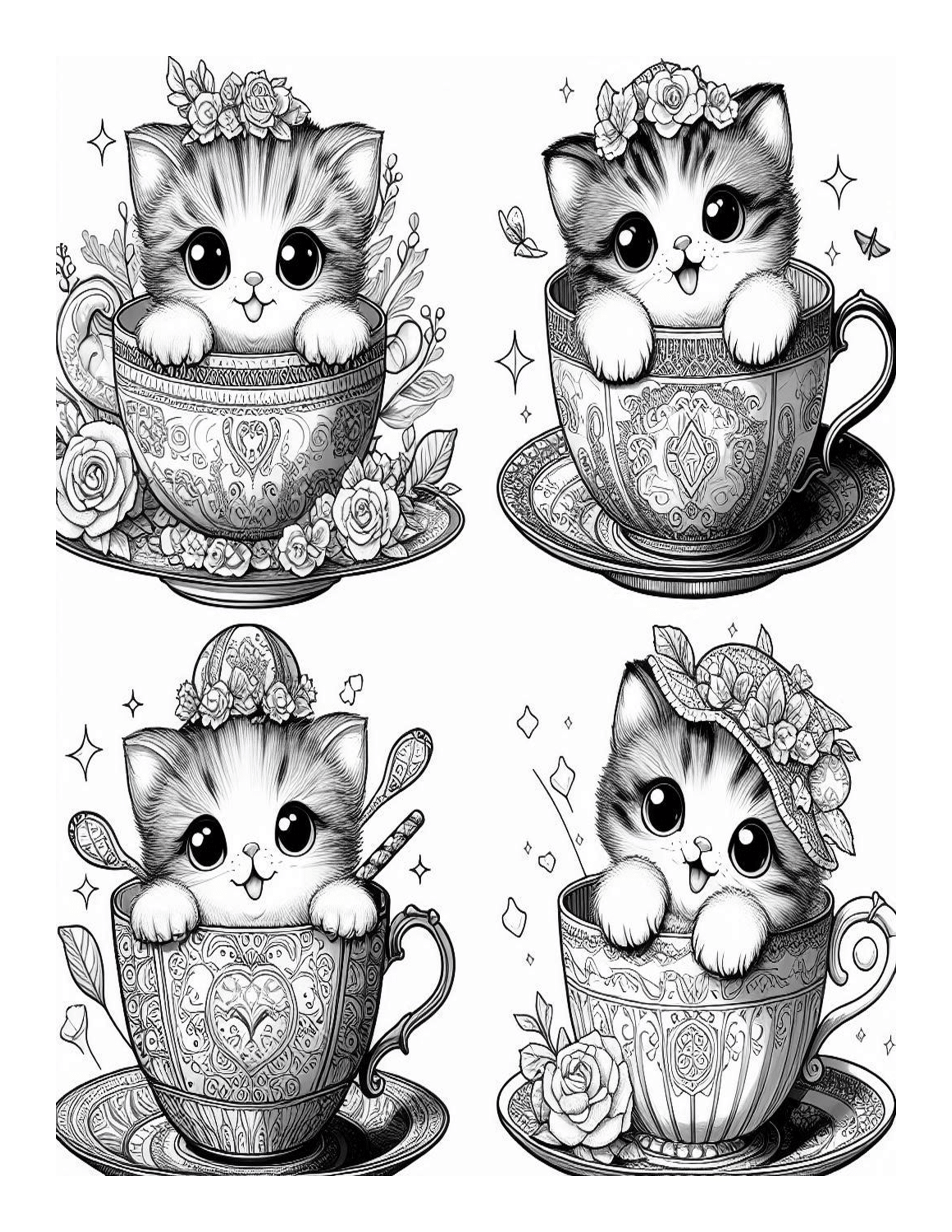 Grayscale Teacup Kittens Coloring Pages 