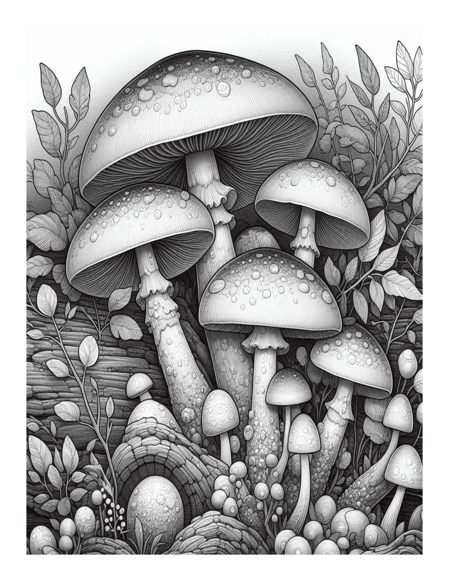 Grayscale Mushroom Designs Coloring Pages 