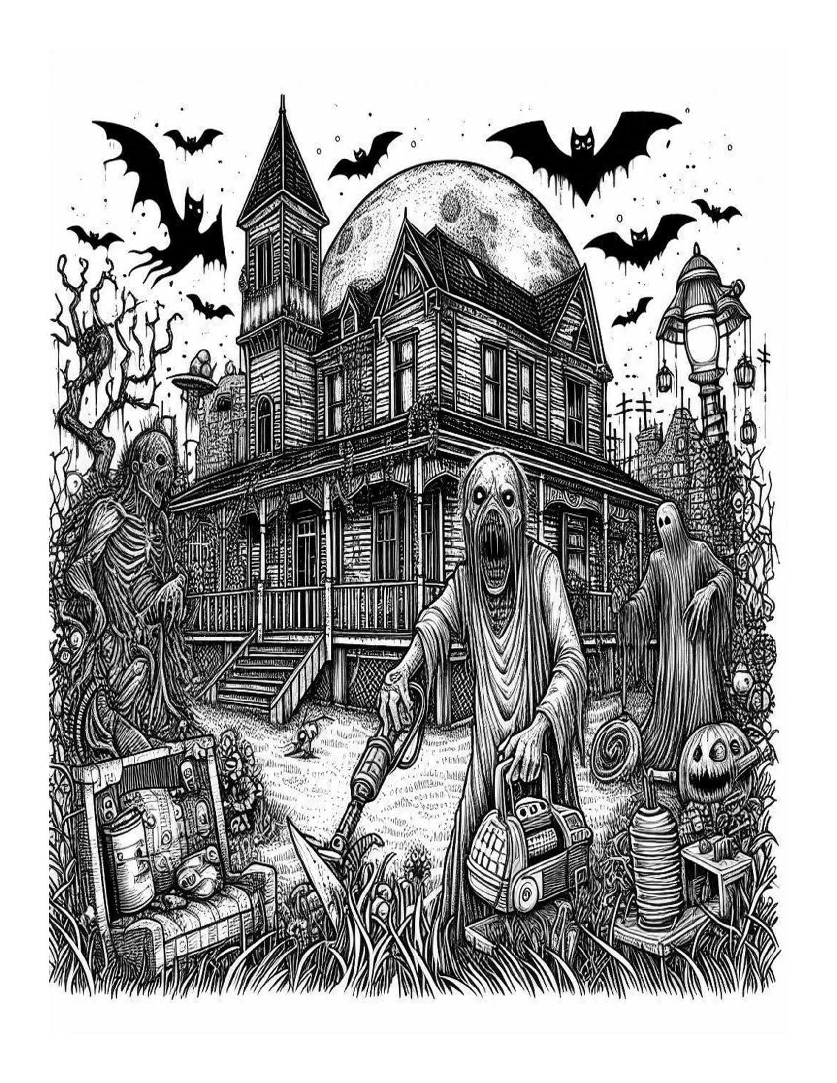 Grayscale Horror Night Halloween Coloring Pages 