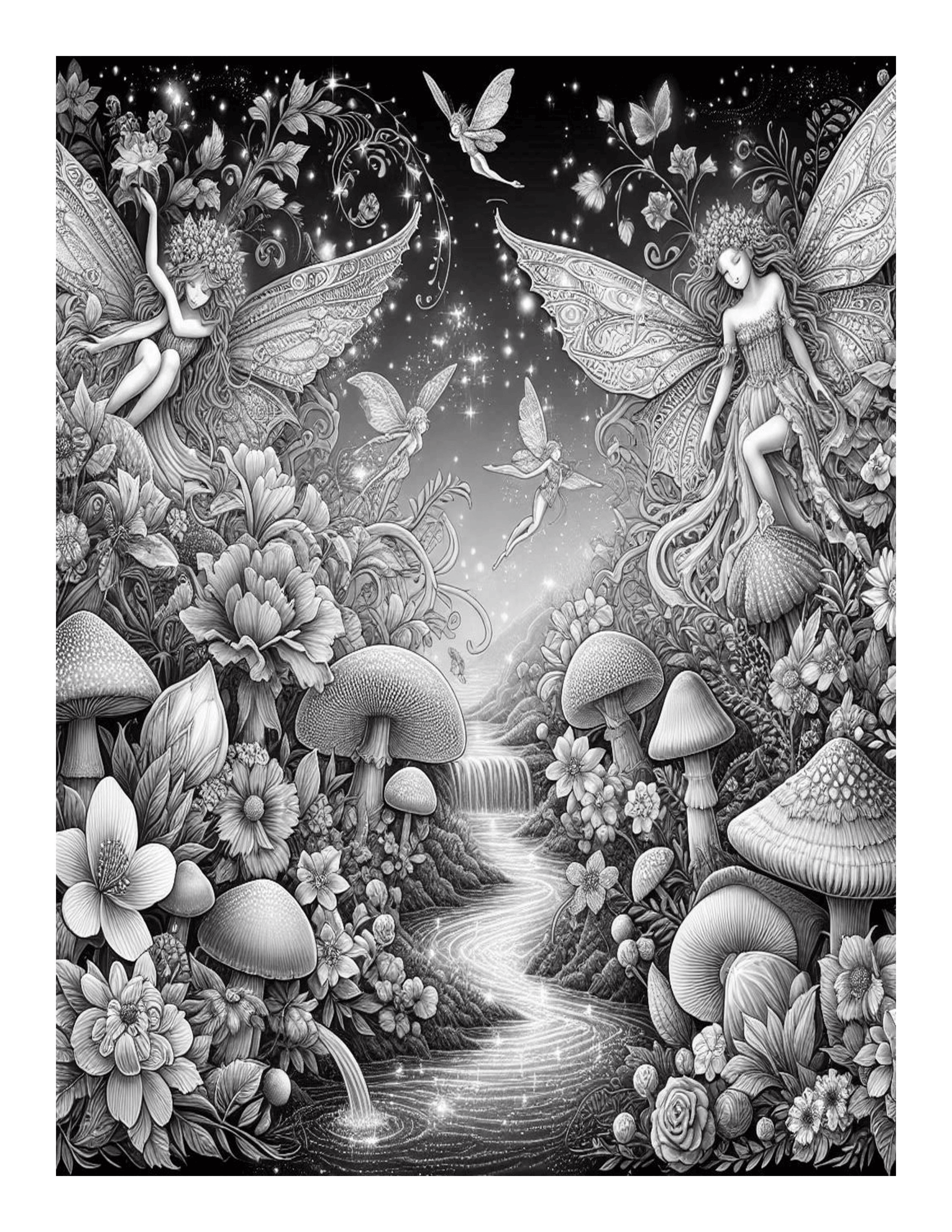 Grayscale Beautiful Fairy Garden Features 25 Printable Coloring Pages