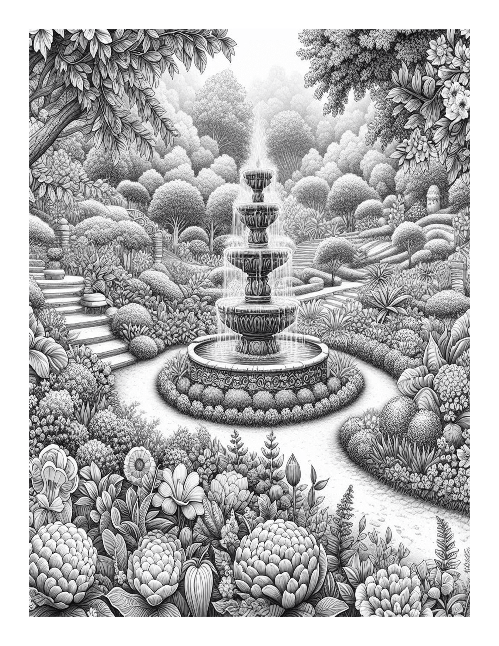 Grayscale Beautiful Relaxing Gardens Coloring Pages 
