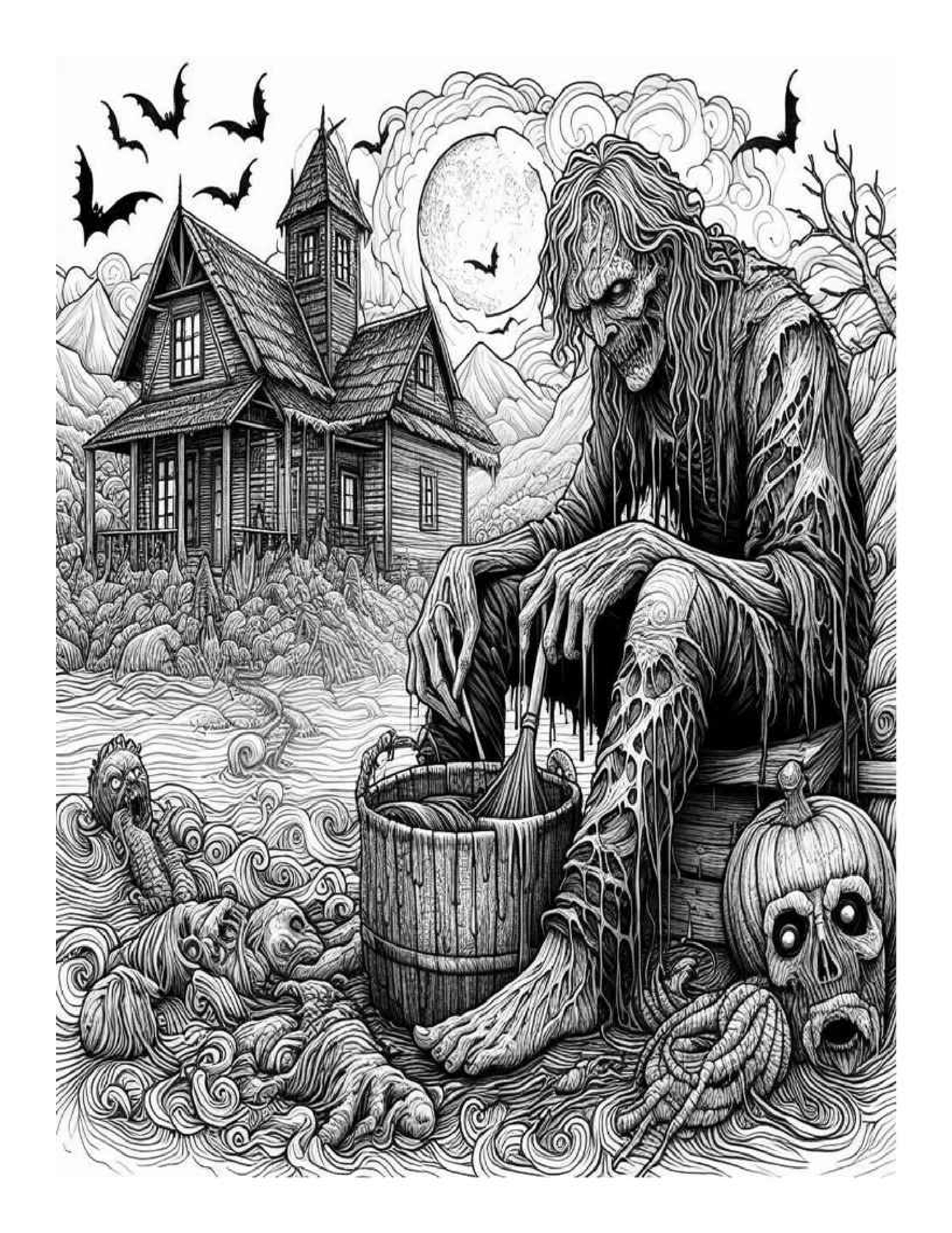 Grayscale Horror Night Coloring Pages