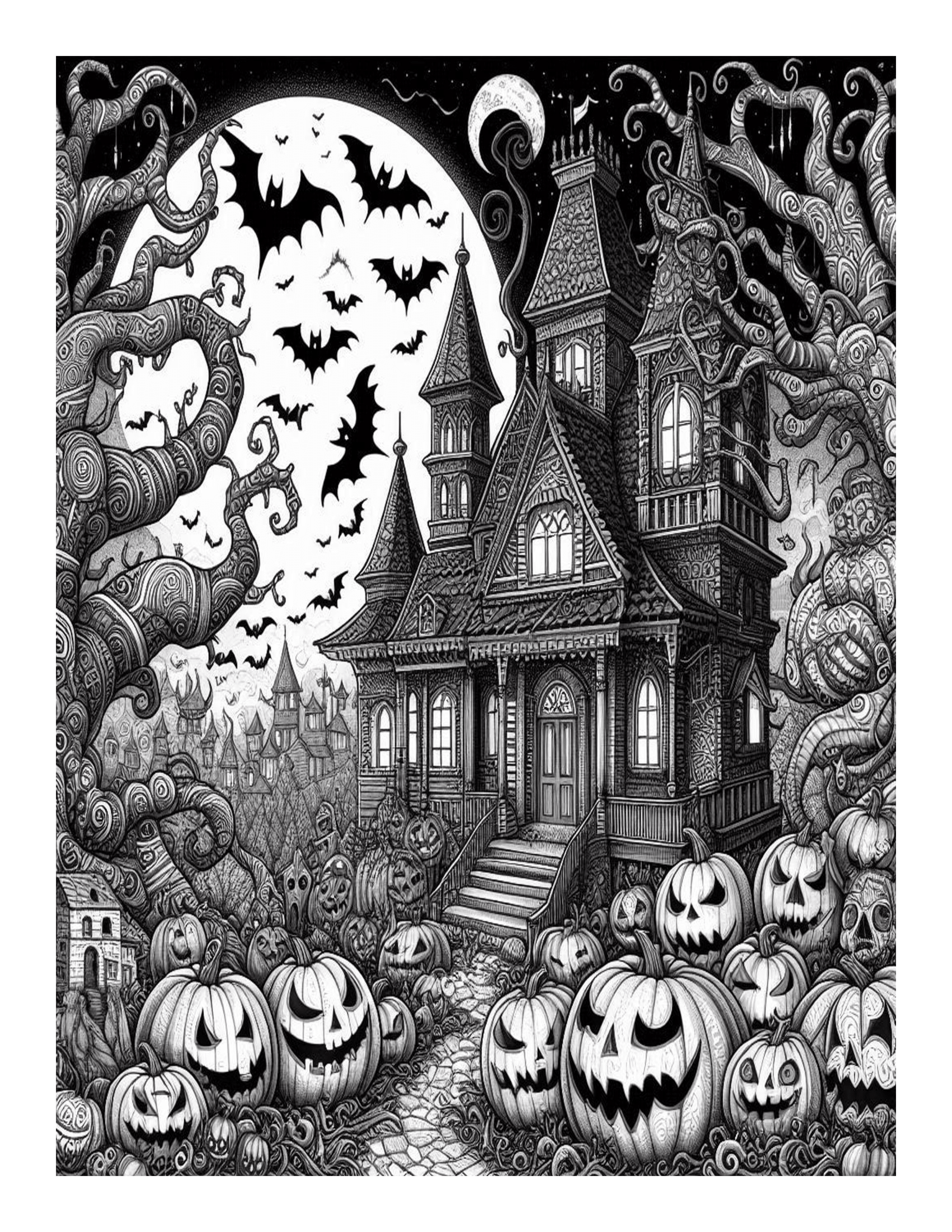 Grayscale Halloween Horror Coloring Pages