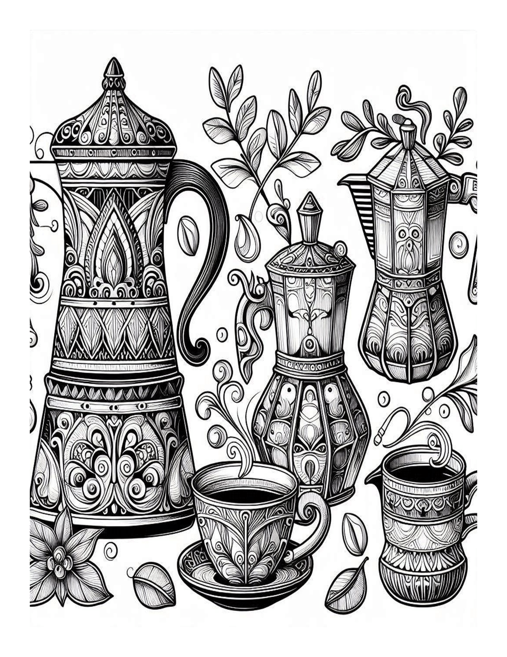 Grayscale Coffee Pot Set Coloring Pages 